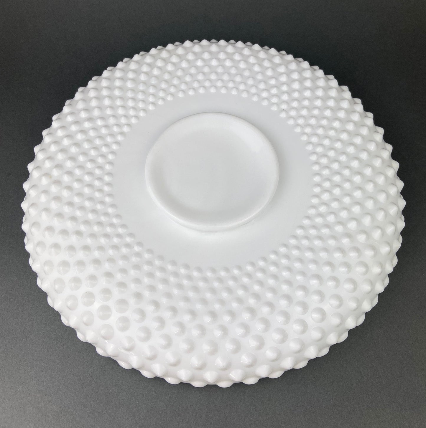 Milk Glass Hobnail Footed Bowl. Large Serving Dish with Ruffled Edge. White Table Setting. Holiday Celebration.