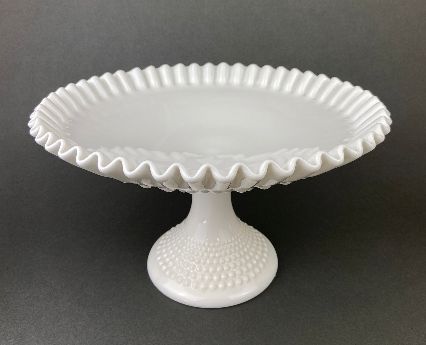 Milk Glass Hobnail Footed Bowl. Large Serving Dish with Ruffled Edge. White Table Setting. Holiday Celebration.