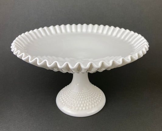 Milk Glass Hobnail Footed Bowl. Large Serving Dish with Ruffled Edge. White Table Setting. Holiday Celebration.