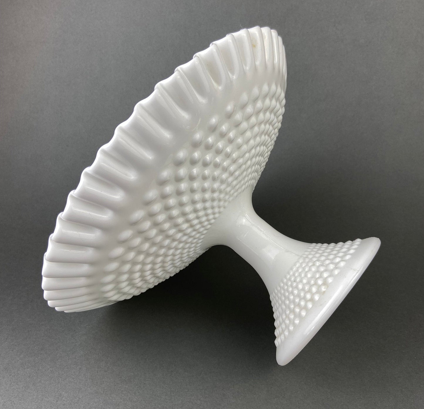 Milk Glass Hobnail Footed Bowl. Large Serving Dish with Ruffled Edge. White Table Setting. Holiday Celebration.