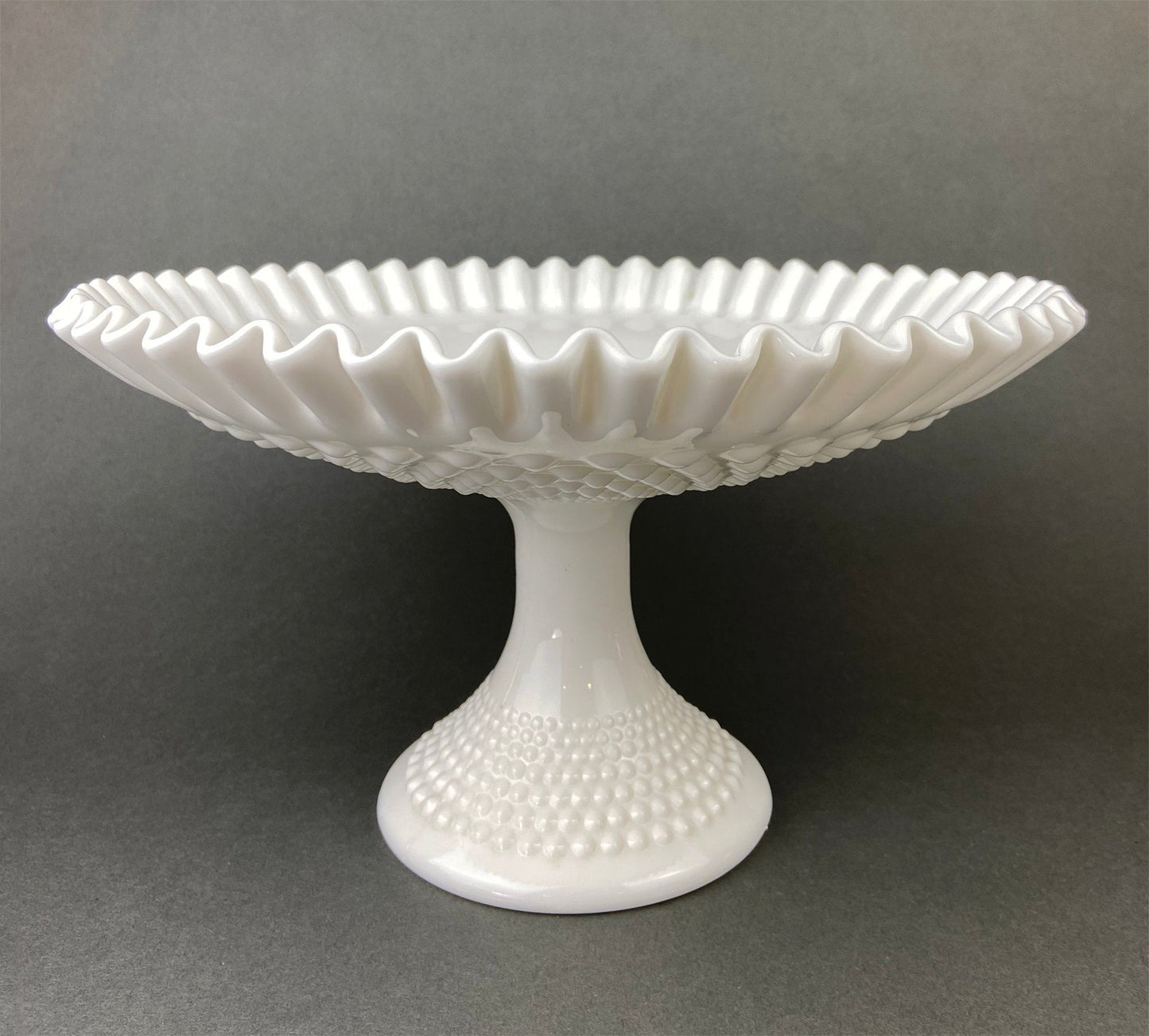 Milk Glass Hobnail Footed Bowl. Large Serving Dish with Ruffled Edge. White Table Setting. Holiday Celebration.