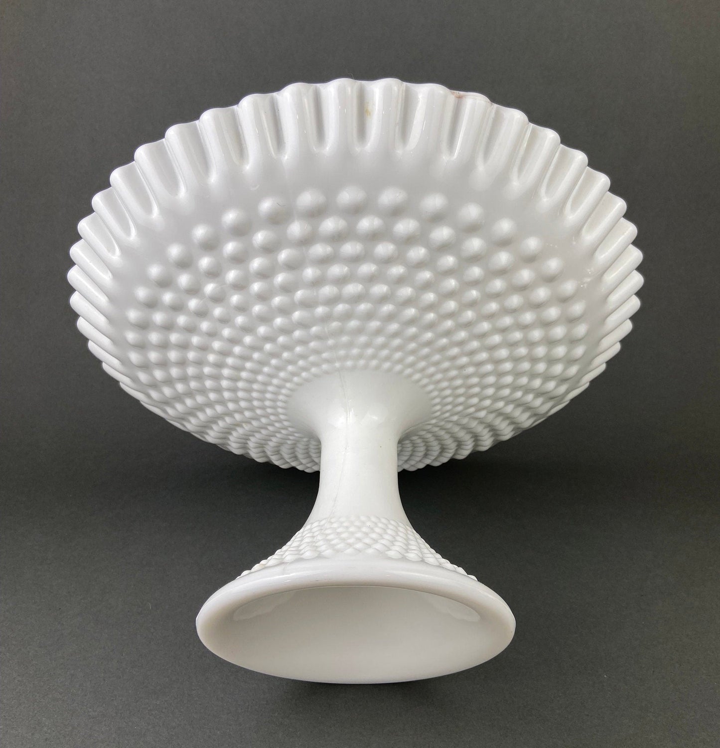 Milk Glass Hobnail Footed Bowl. Large Serving Dish with Ruffled Edge. White Table Setting. Holiday Celebration.