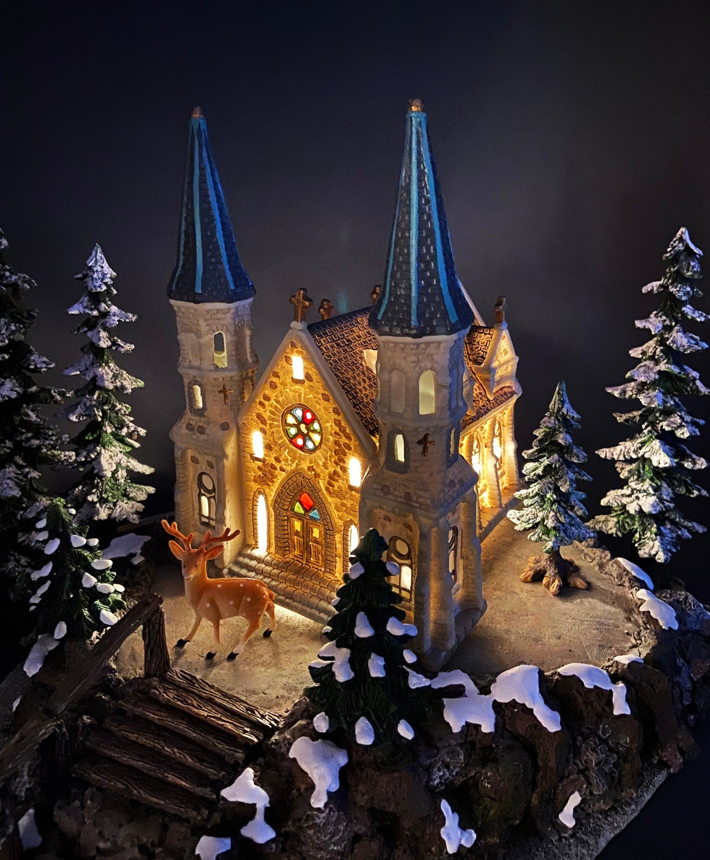 Illuminated Stoney Bridge Church by Santa's Workbench Collection. Victorian Series. Christmas Village Building. Porcelain Lighted House.