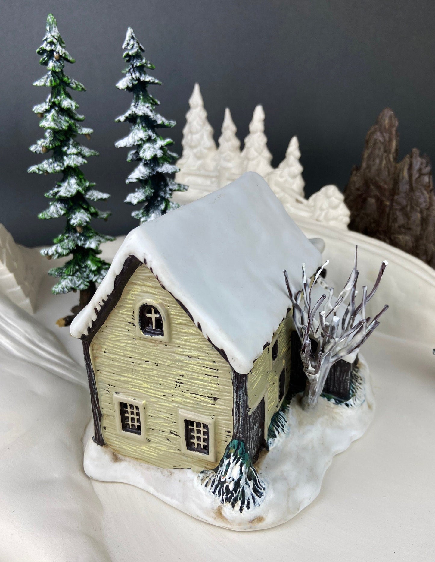 Illuminated Christmas Village House/Water Mill.  "Frozen Up" by Currier and Ives.  Collection of the Museum of the City of NY.