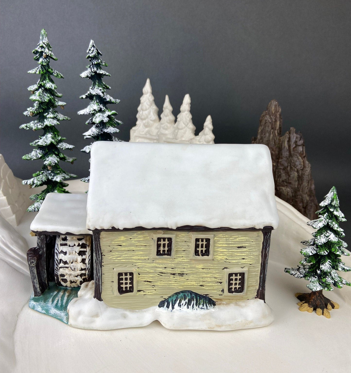 Illuminated Christmas Village House/Water Mill.  "Frozen Up" by Currier and Ives.  Collection of the Museum of the City of NY.