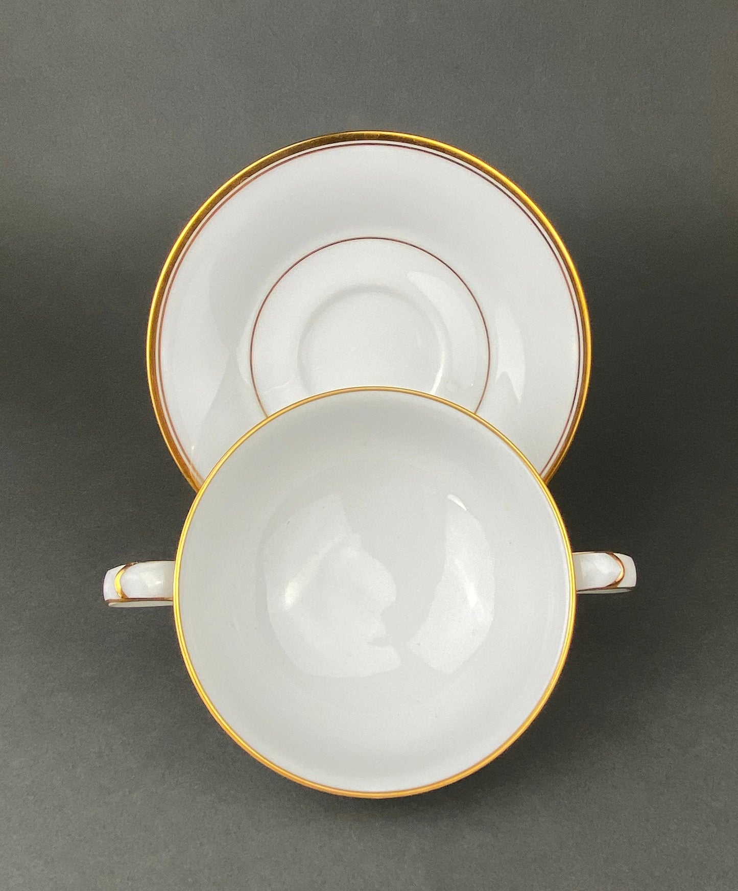 Antique Porcelain Bullion Bowls with Matching Square, 8.5" Dinner Plates. Set of 6. Flower Garlands, Sylvia by F&B Baronet China, Bohemia.