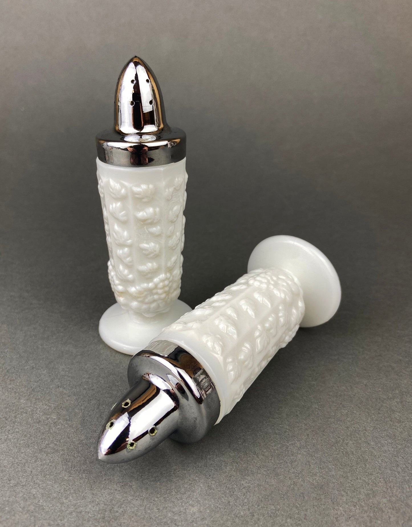 Milk Glass Salt and Pepper Shakers. Grape Vine Motif.