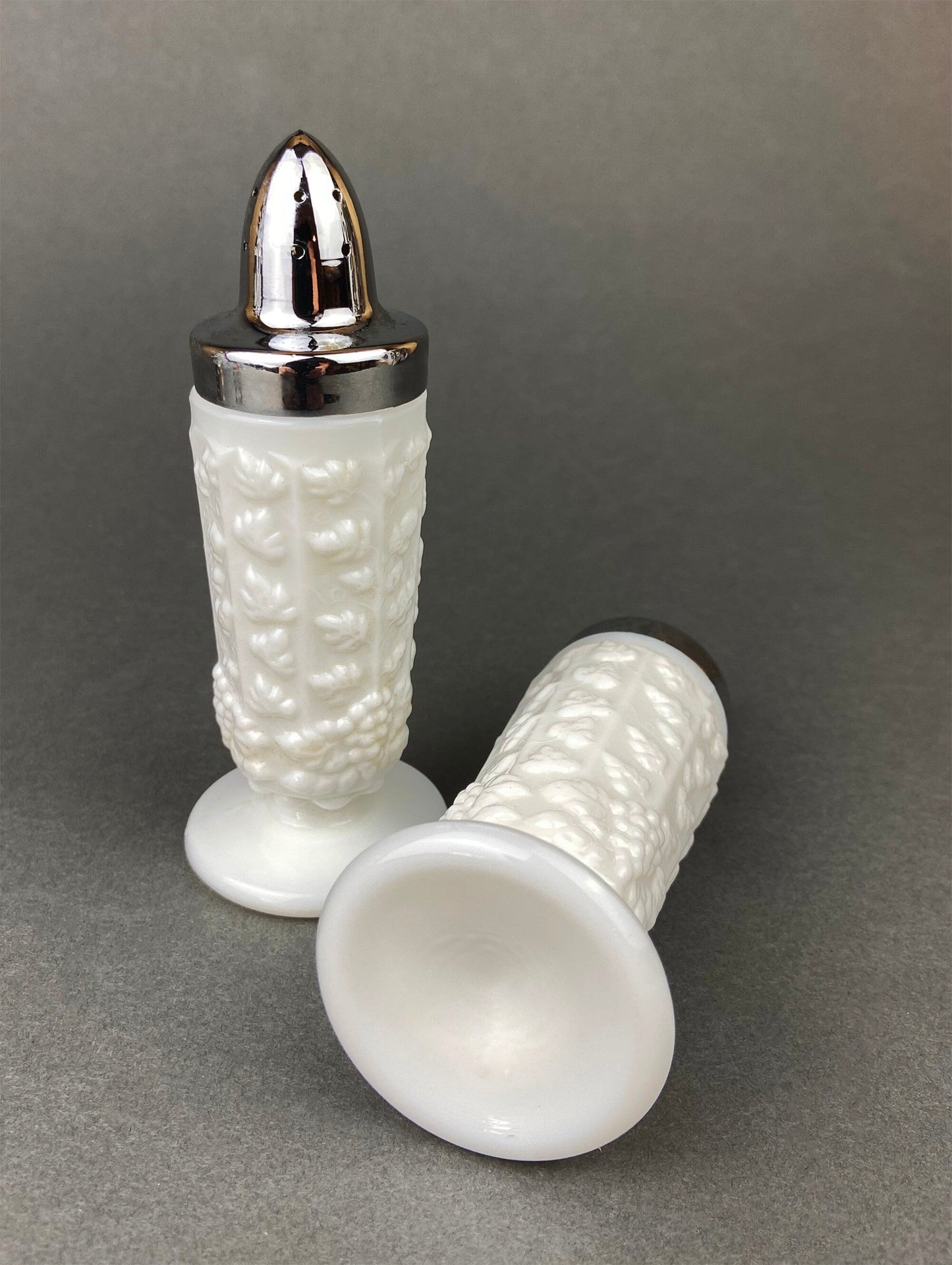 Milk Glass Salt and Pepper Shakers. Grape Vine Motif.