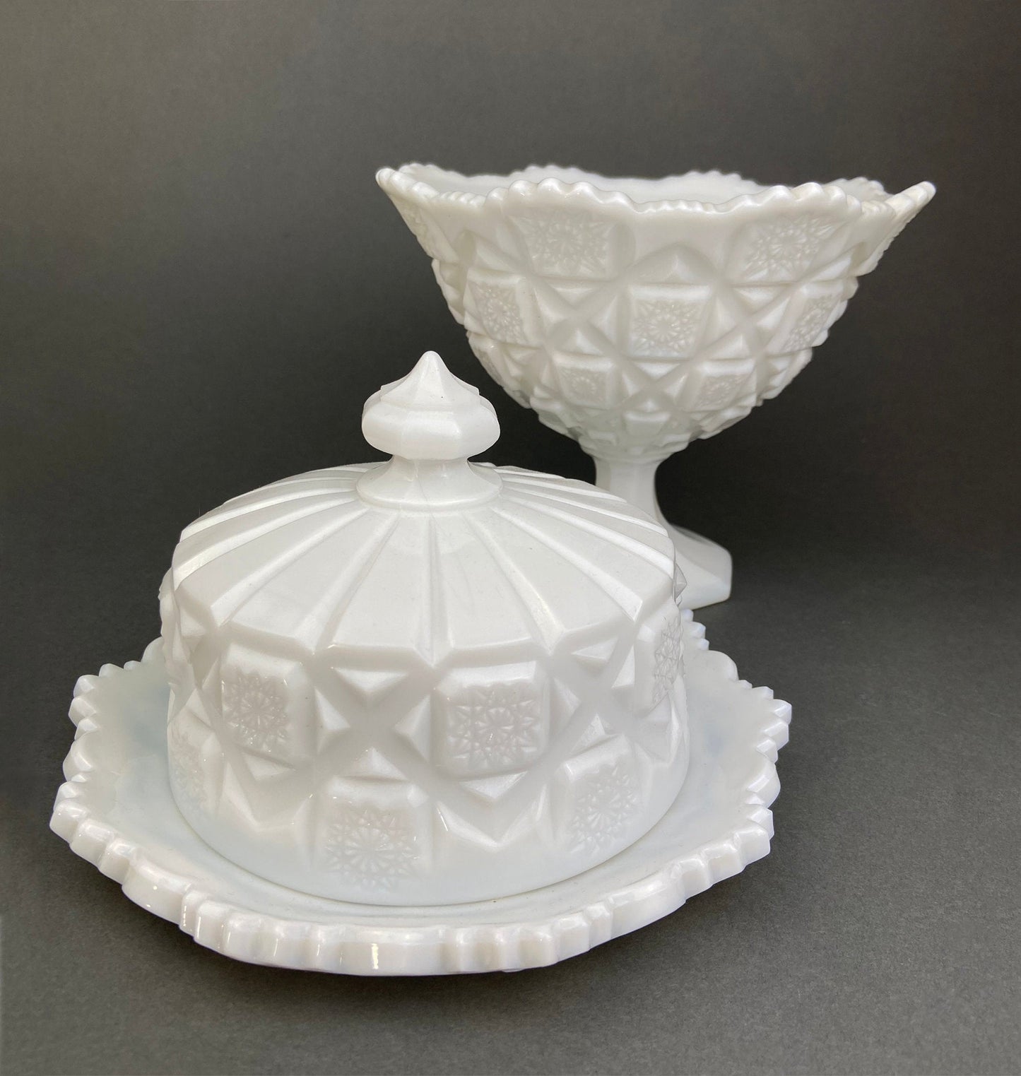 Milk Glass Serving Dishes.  Waffle Pattern Footed Bowl and Matching Butter Dish.  Scalloped Edge Design.  Modern Table Centerpieces.