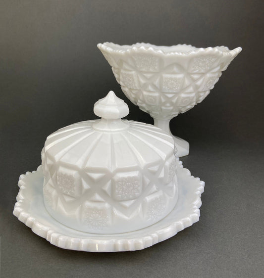 Milk Glass Serving Dishes.  Waffle Pattern Footed Bowl and Matching Butter Dish.  Scalloped Edge Design.  Modern Table Centerpieces.