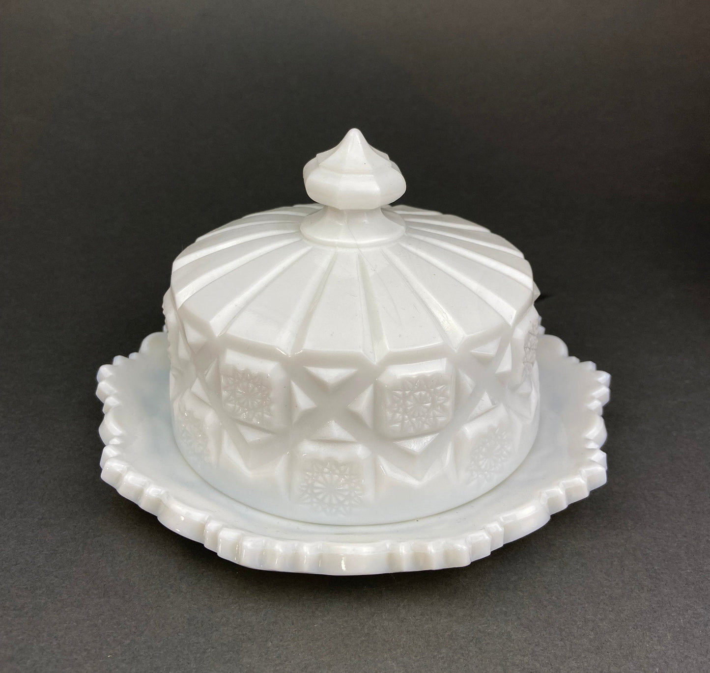 Milk Glass Serving Dishes.  Waffle Pattern Footed Bowl and Matching Butter Dish.  Scalloped Edge Design.  Modern Table Centerpieces.