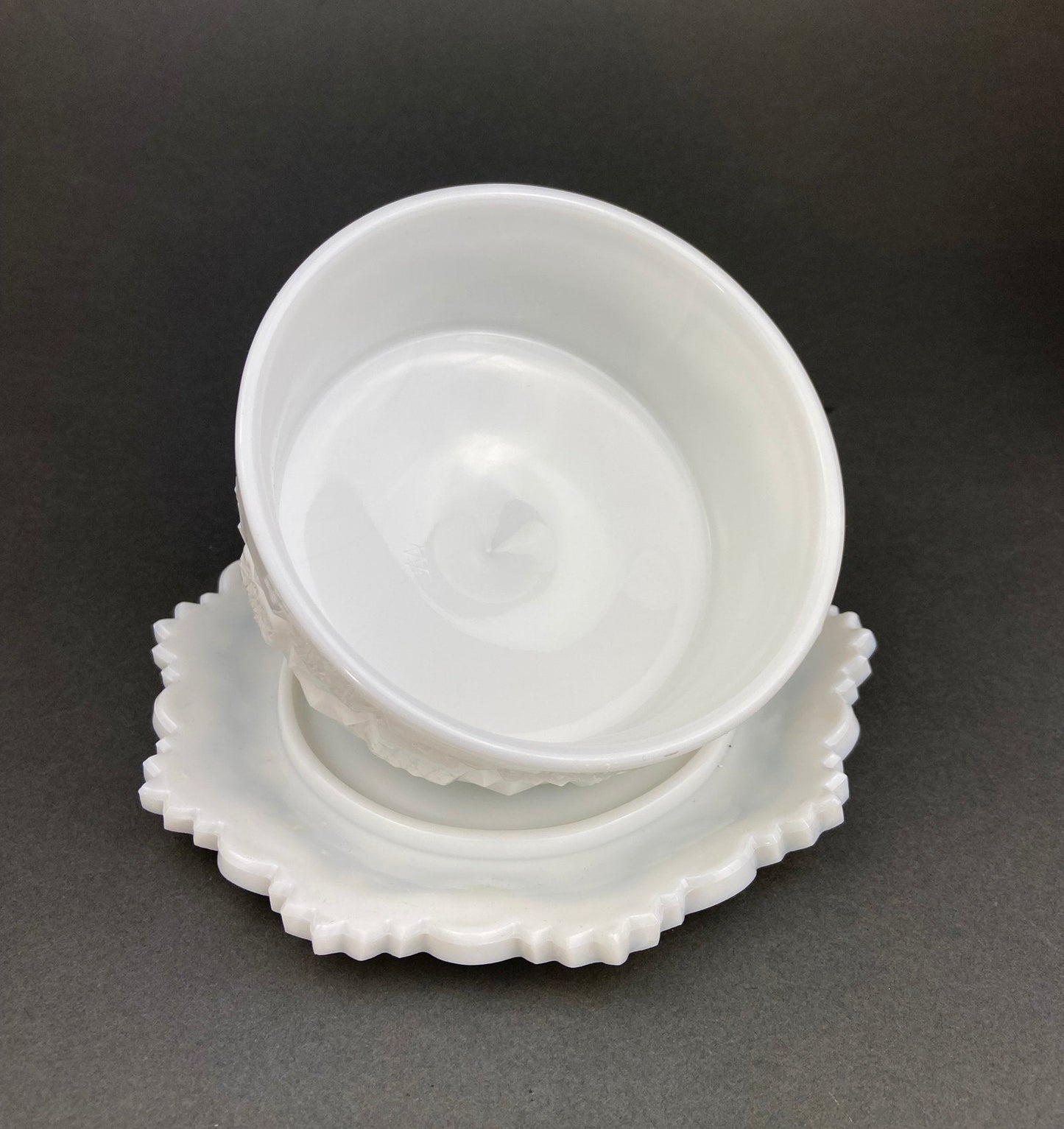 Milk Glass Serving Dishes.  Waffle Pattern Footed Bowl and Matching Butter Dish.  Scalloped Edge Design.  Modern Table Centerpieces.