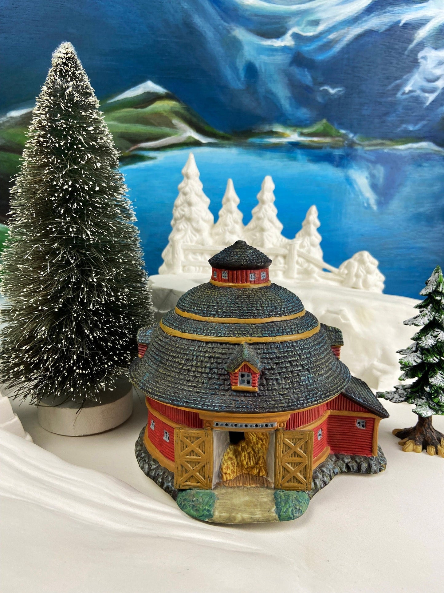 Village Accessories by Lang and Wise.  Red Round Barn. Town Hall Collectibles. Artwork of Linda Nelson Stock.