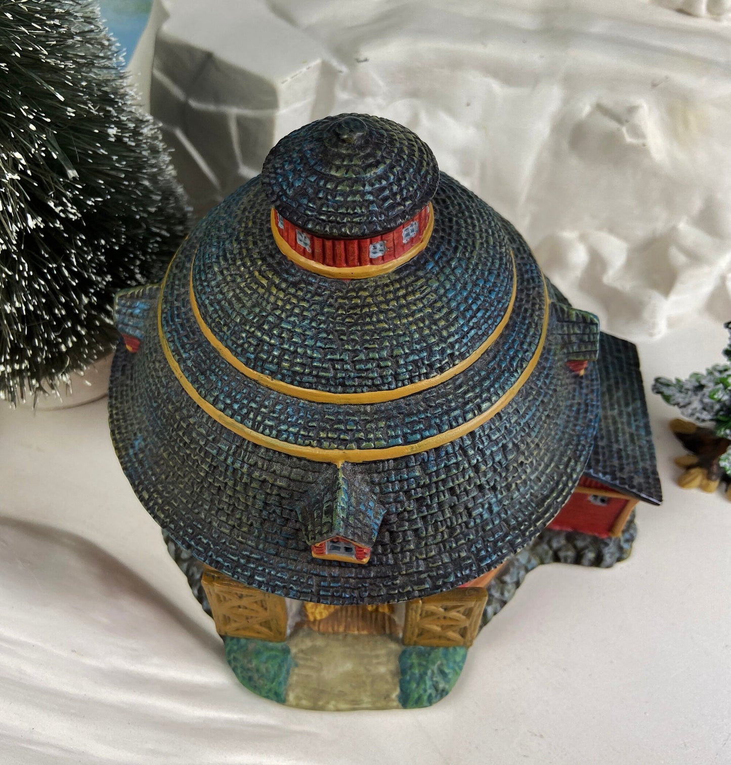 Village Accessories by Lang and Wise.  Red Round Barn. Town Hall Collectibles. Artwork of Linda Nelson Stock.