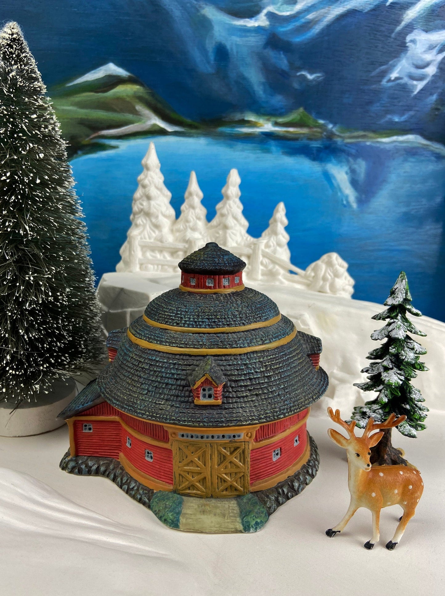 Village Accessories by Lang and Wise.  Red Round Barn. Town Hall Collectibles. Artwork of Linda Nelson Stock.