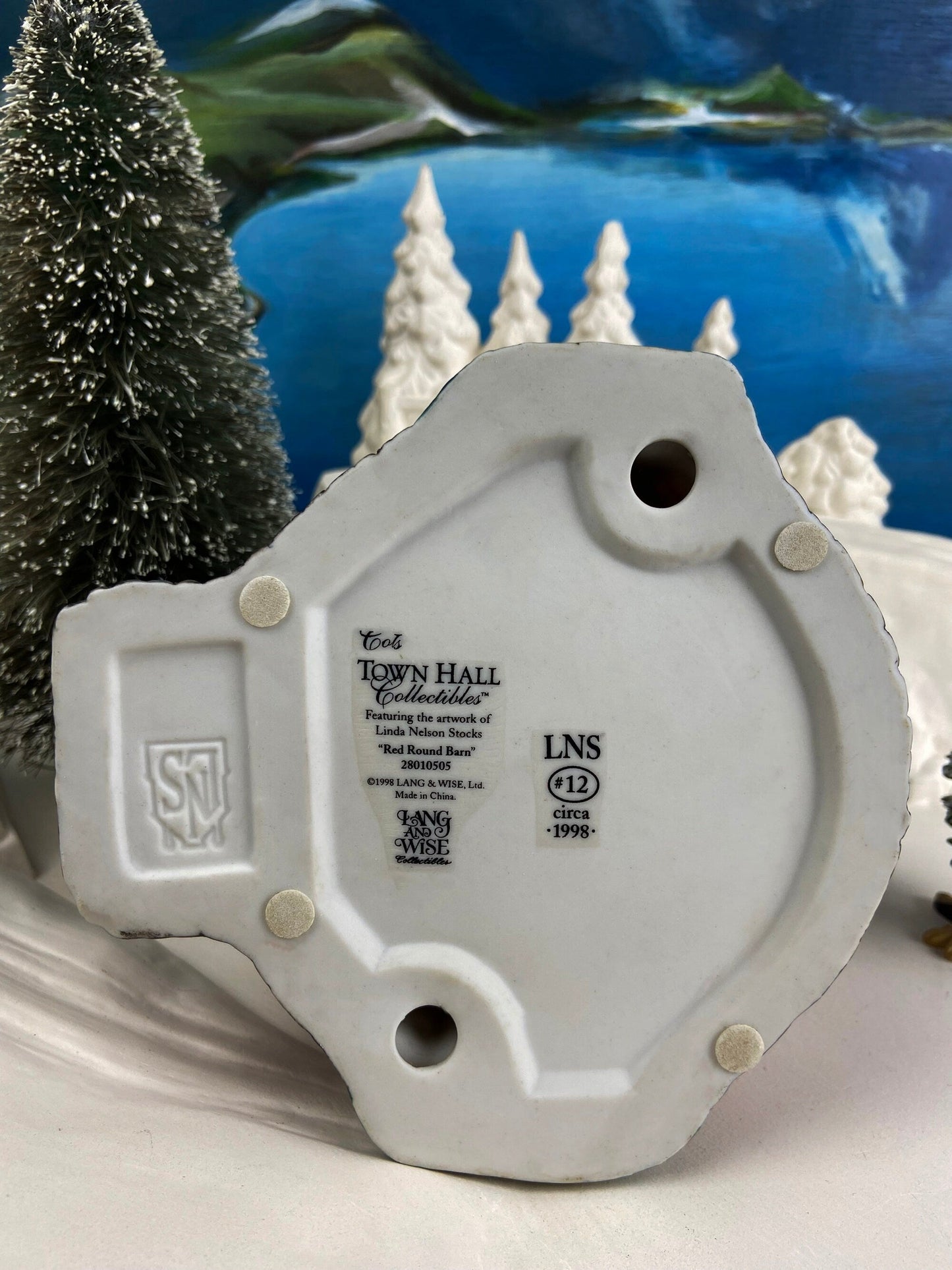 Village Accessories by Lang and Wise.  Red Round Barn. Town Hall Collectibles. Artwork of Linda Nelson Stock.