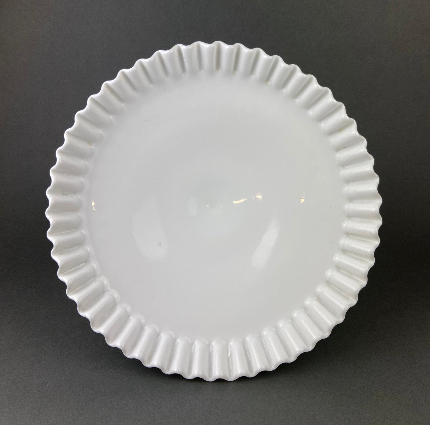 Milk Glass Hobnail Footed Bowl. Large Serving Dish with Ruffled Edge. White Table Setting. Holiday Celebration.