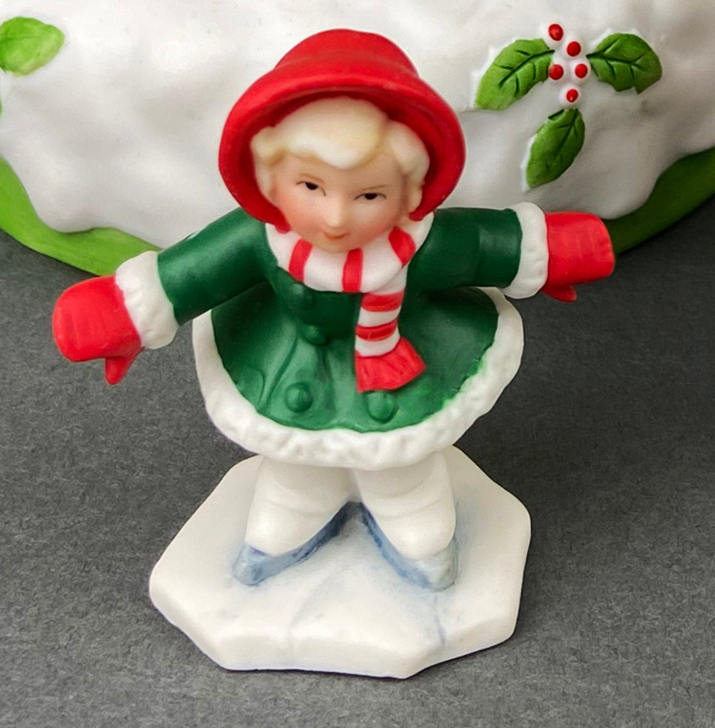 Christmas Village Accessories.  Dressed Christmas Trees by Nikko, Korea. Girl Figurine by Lefton.   Set of Two Trees and Little Girl.