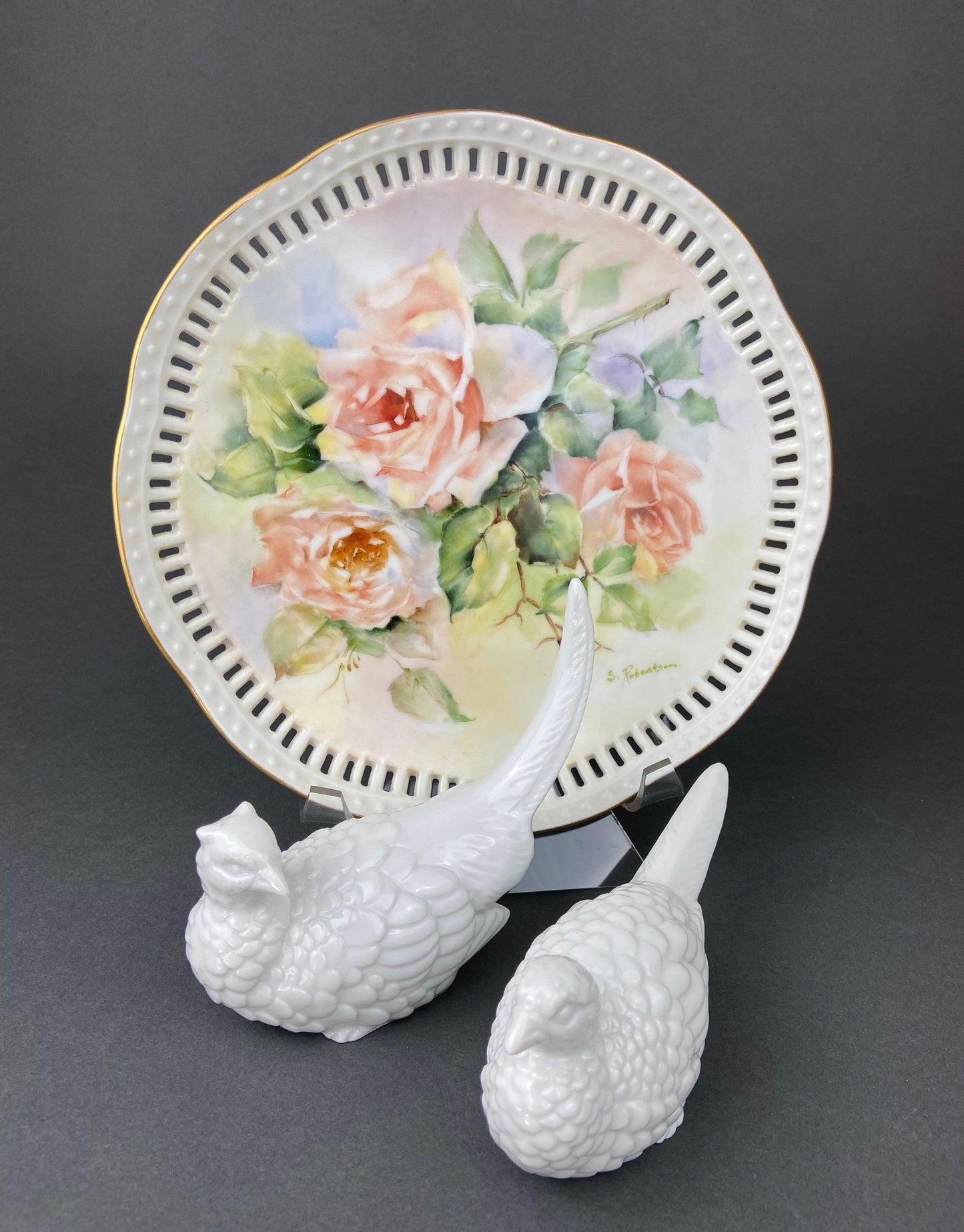 Vintage Hand Painted Porcelain Plate: Rose Motif, Reticulated Rim