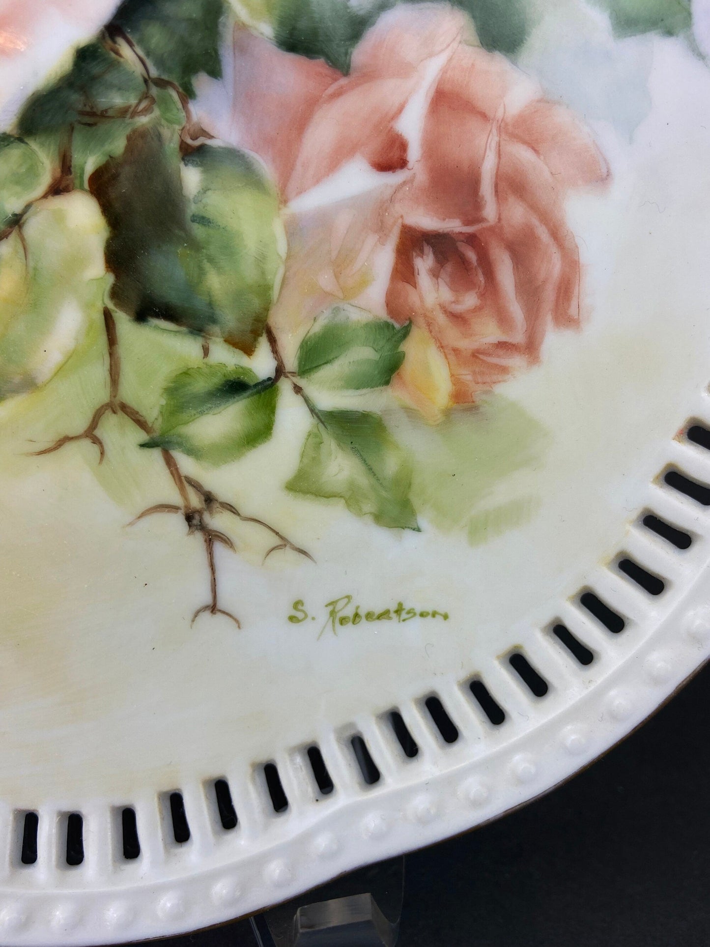Vintage Hand Painted Porcelain Plate: Rose Motif, Reticulated Rim