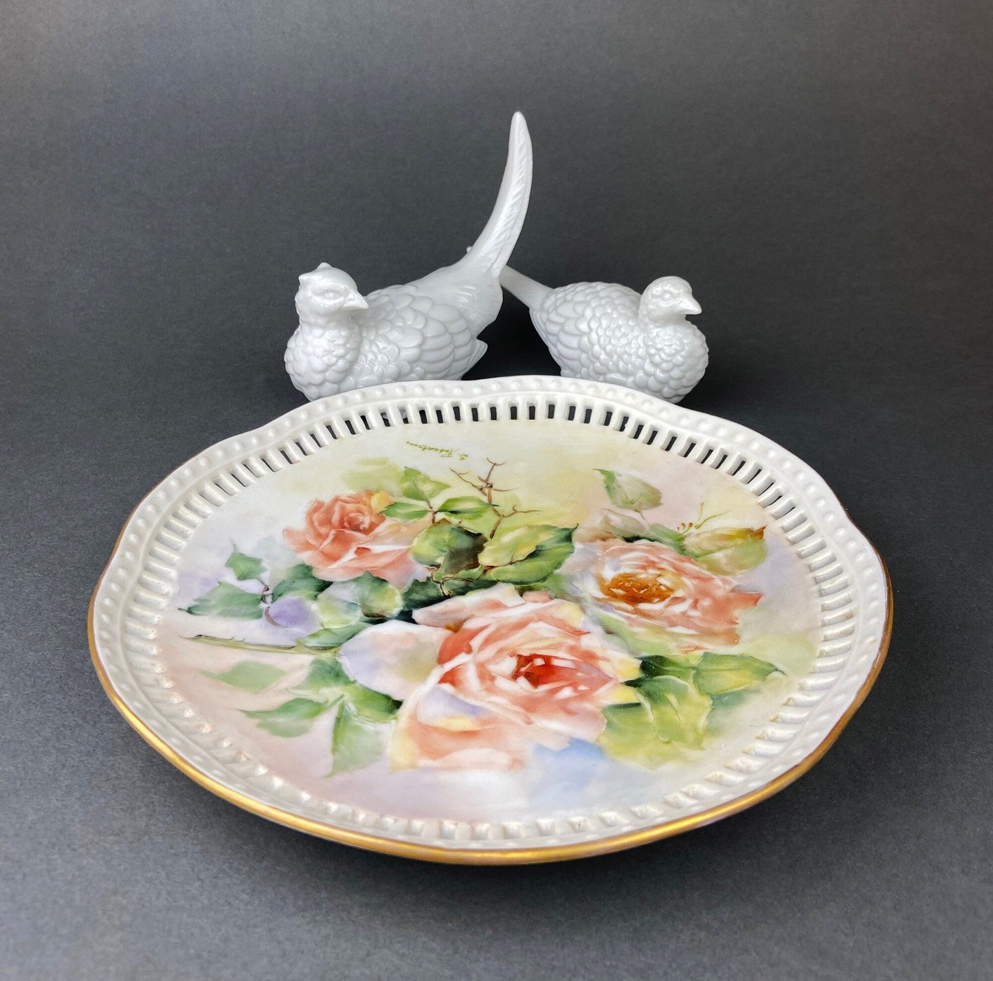Vintage Hand Painted Porcelain Plate: Rose Motif, Reticulated Rim