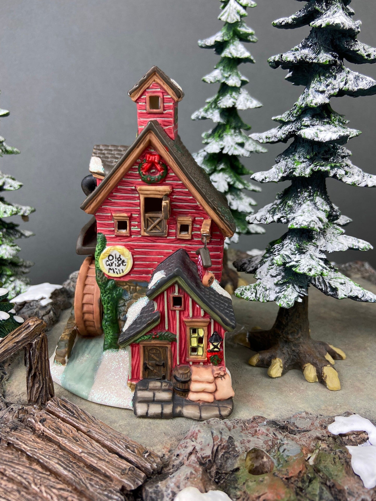 Village Accessories by Lang and Wise.  Red Round Barn. Town Hall Collectibles. Artwork of Linda Nelson Stock.