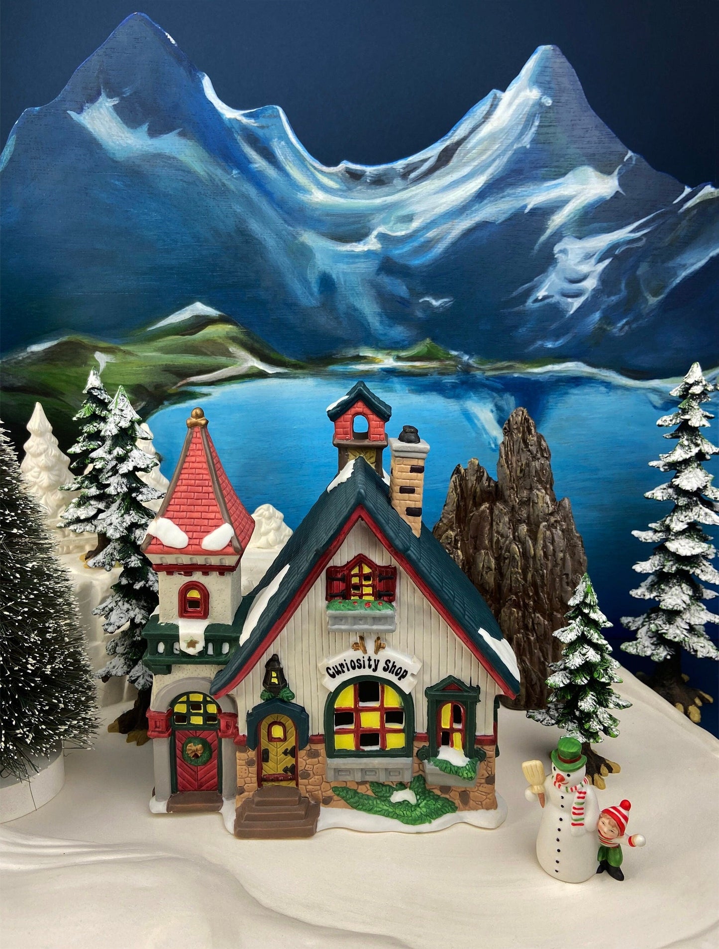 Christmas Village Accessories by O'Well. Illuminated Curiosity Shop.  Porcelain Lighted House.