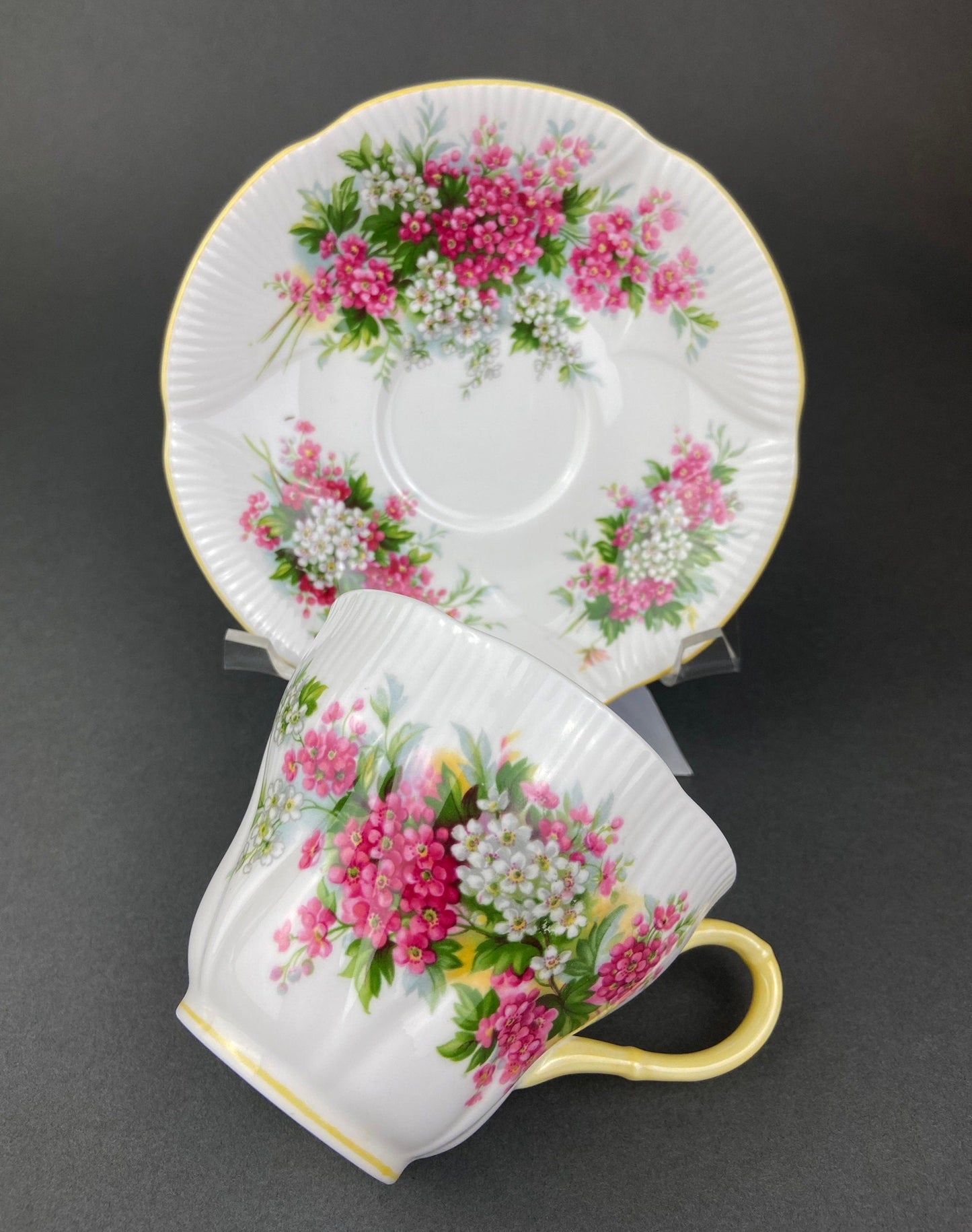 Vintage Royal Albert Cup and Saucer.  Blossom Time Series, Hawthorn. Yellow Handle and Rims.