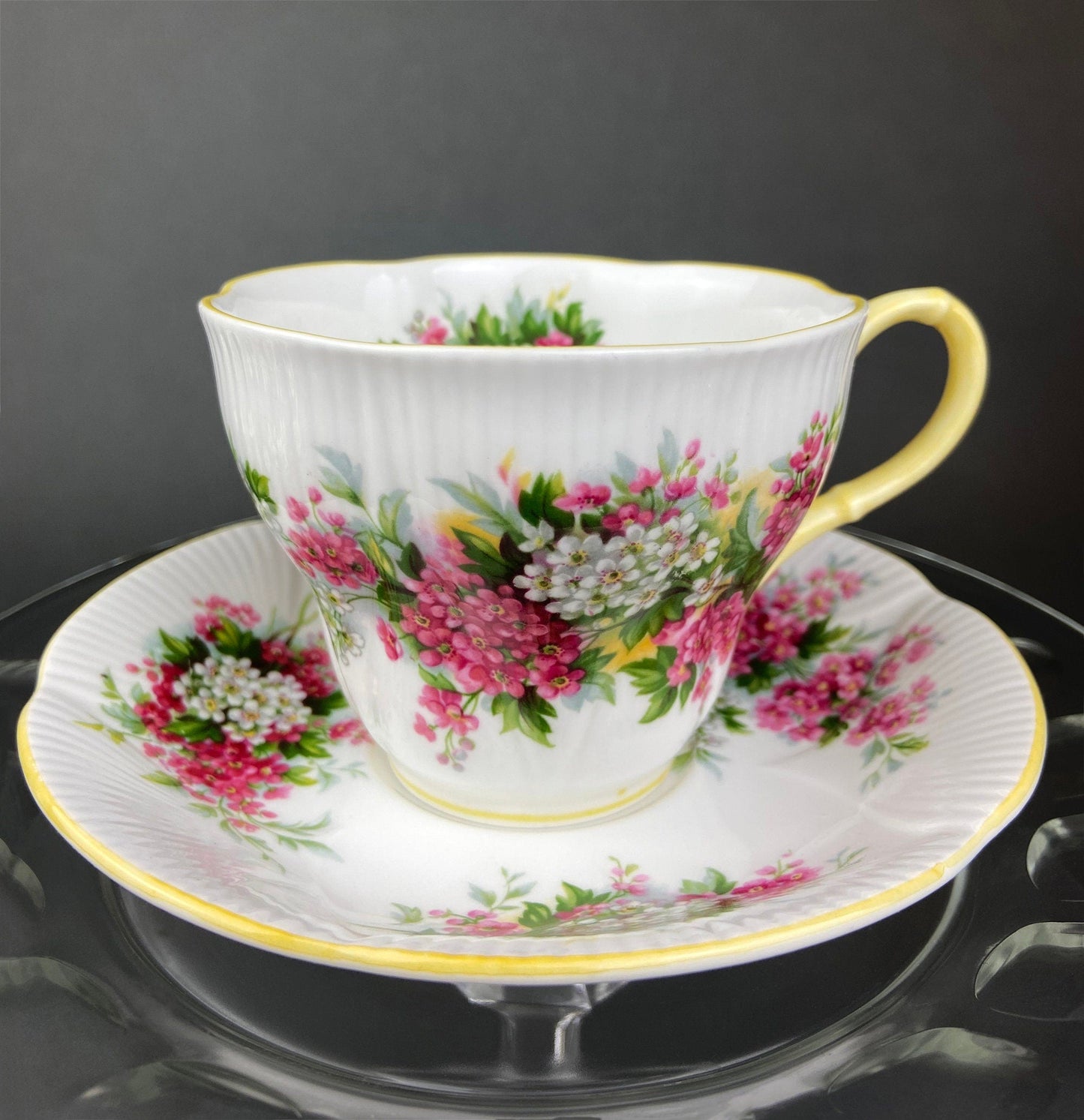 Vintage Royal Albert Cup and Saucer.  Blossom Time Series, Hawthorn. Yellow Handle and Rims.