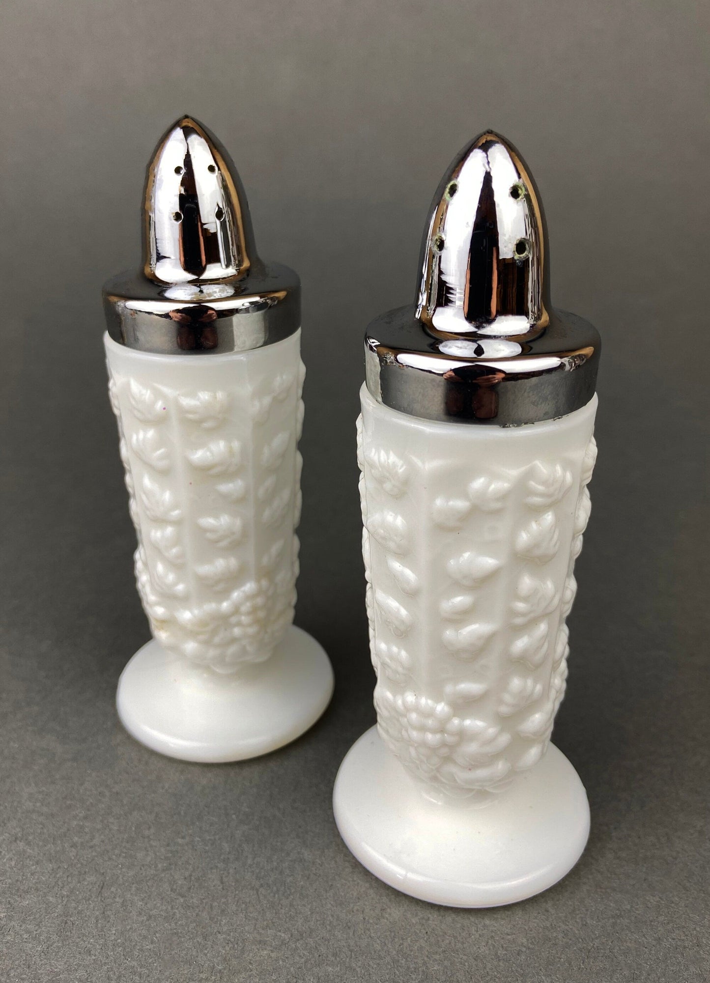 Milk Glass Salt and Pepper Shakers. Grape Vine Motif.