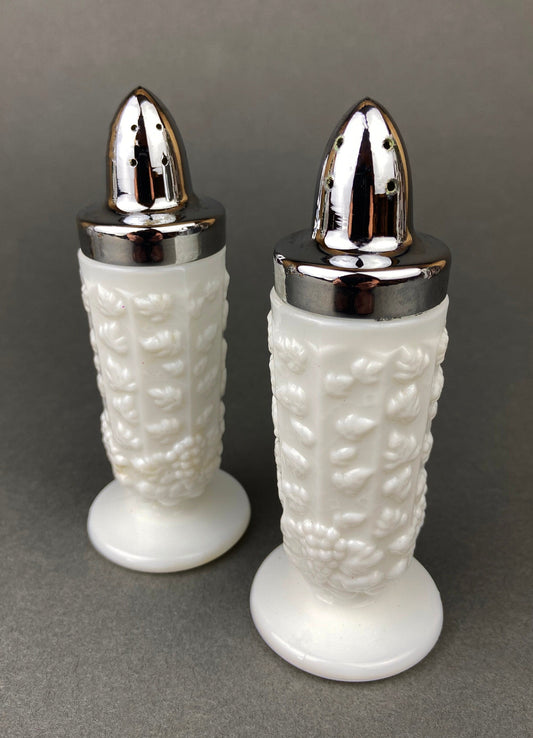 Milk Glass Salt and Pepper Shakers. Grape Vine Motif.