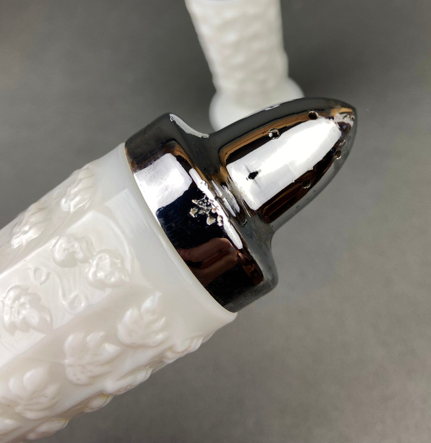 Milk Glass Salt and Pepper Shakers. Grape Vine Motif.