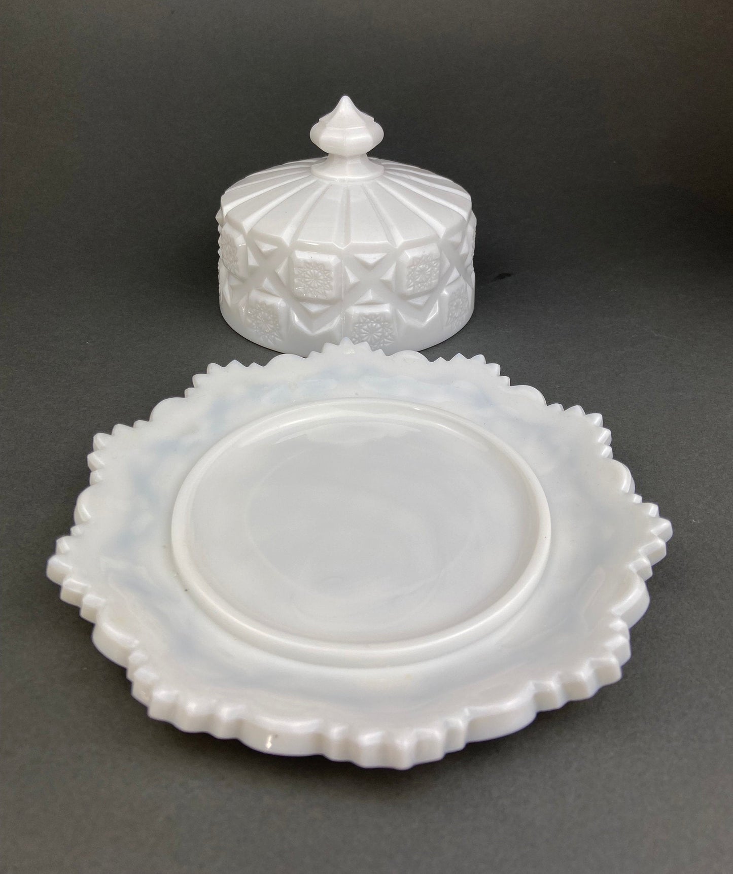Milk Glass Serving Dishes.  Waffle Pattern Footed Bowl and Matching Butter Dish.  Scalloped Edge Design.  Modern Table Centerpieces.