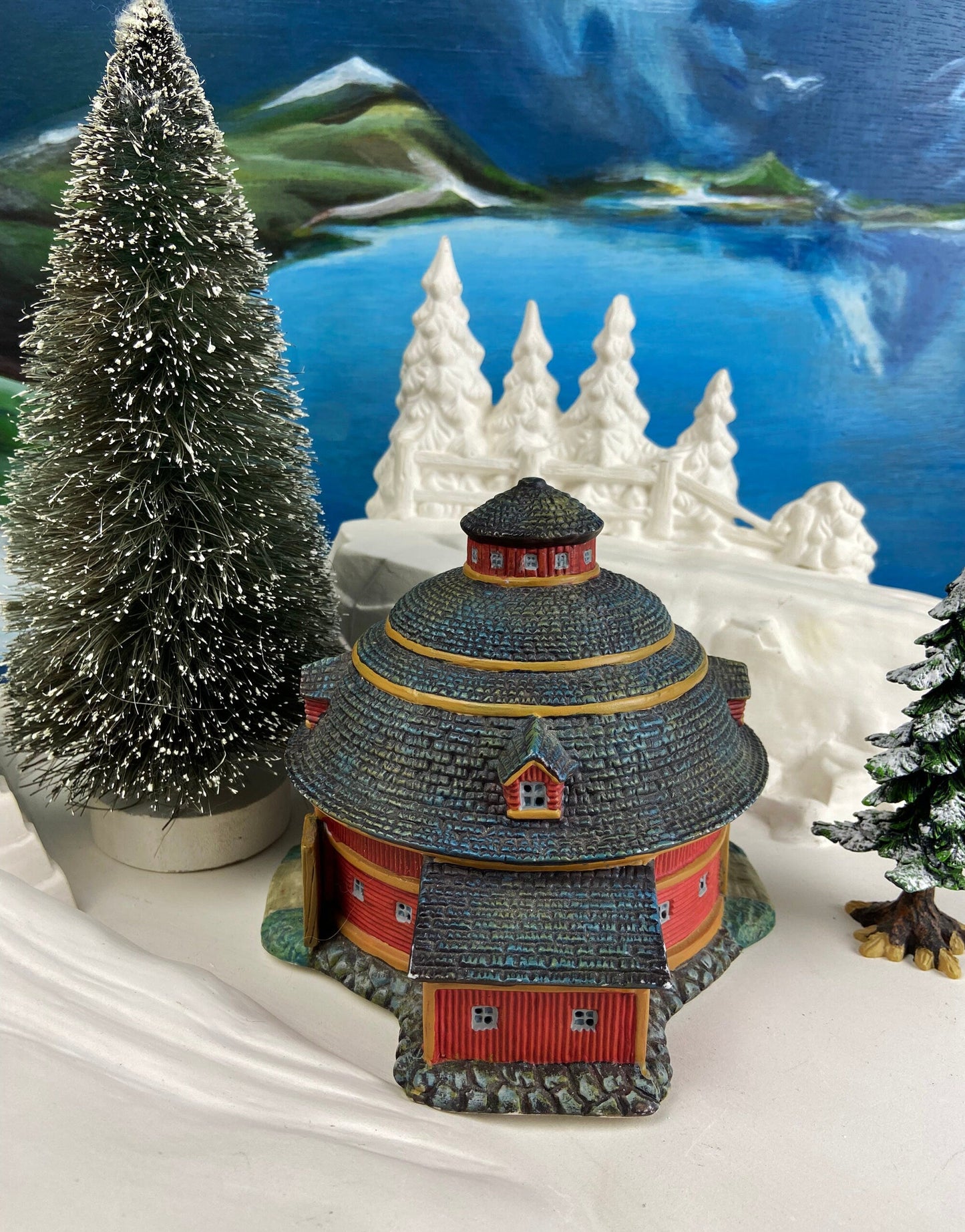 Village Accessories by Lang and Wise.  Red Round Barn. Town Hall Collectibles. Artwork of Linda Nelson Stock.