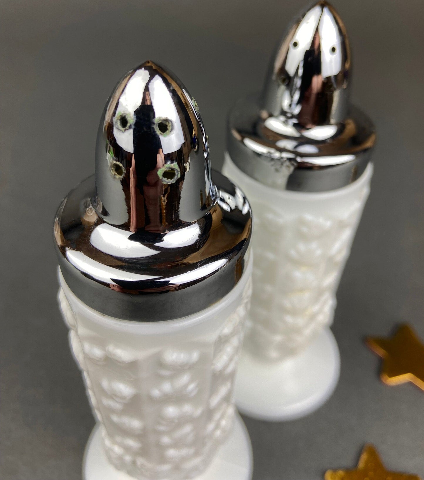 Milk Glass Salt and Pepper Shakers. Grape Vine Motif.