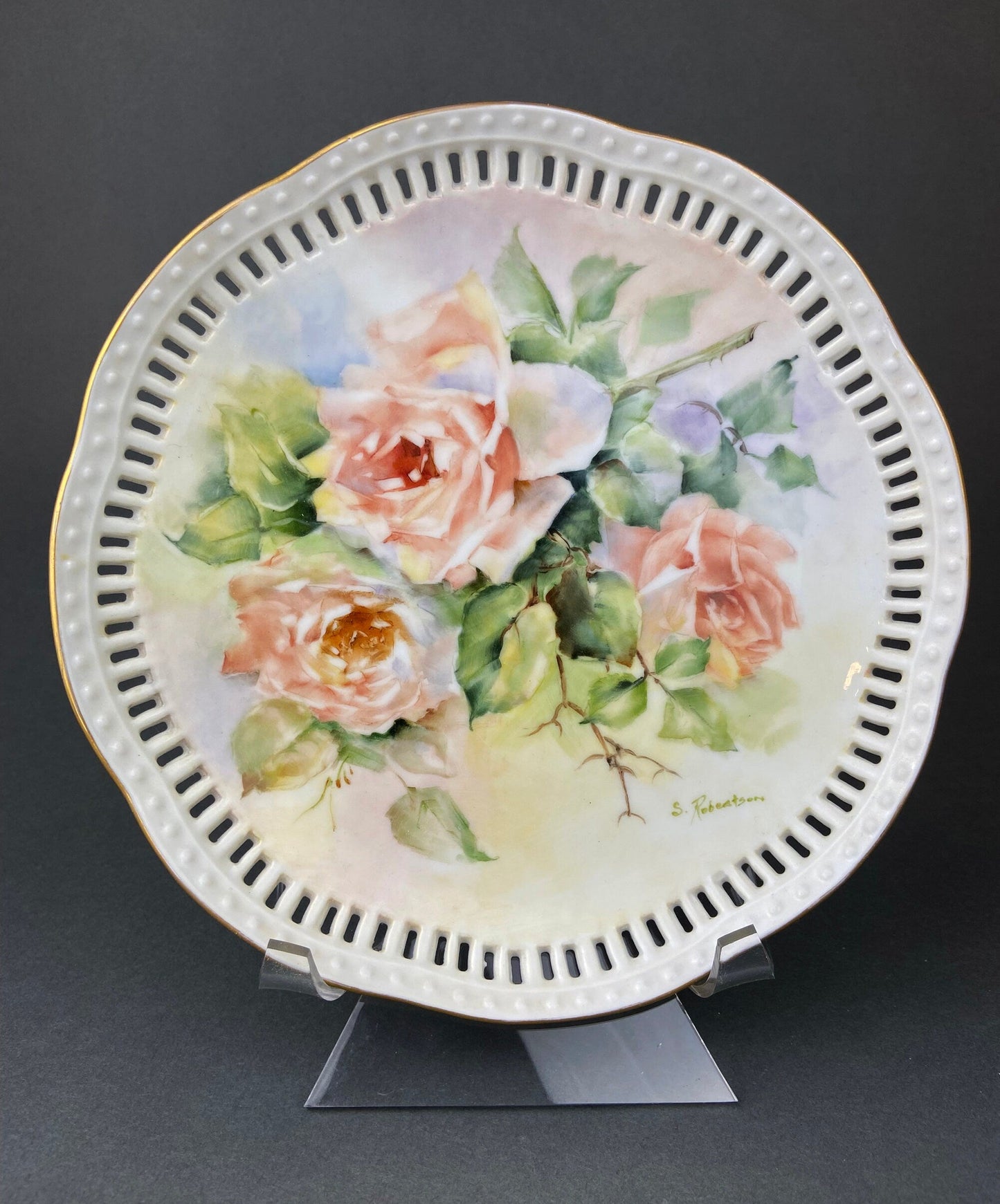 Vintage Hand Painted Porcelain Plate: Rose Motif, Reticulated Rim
