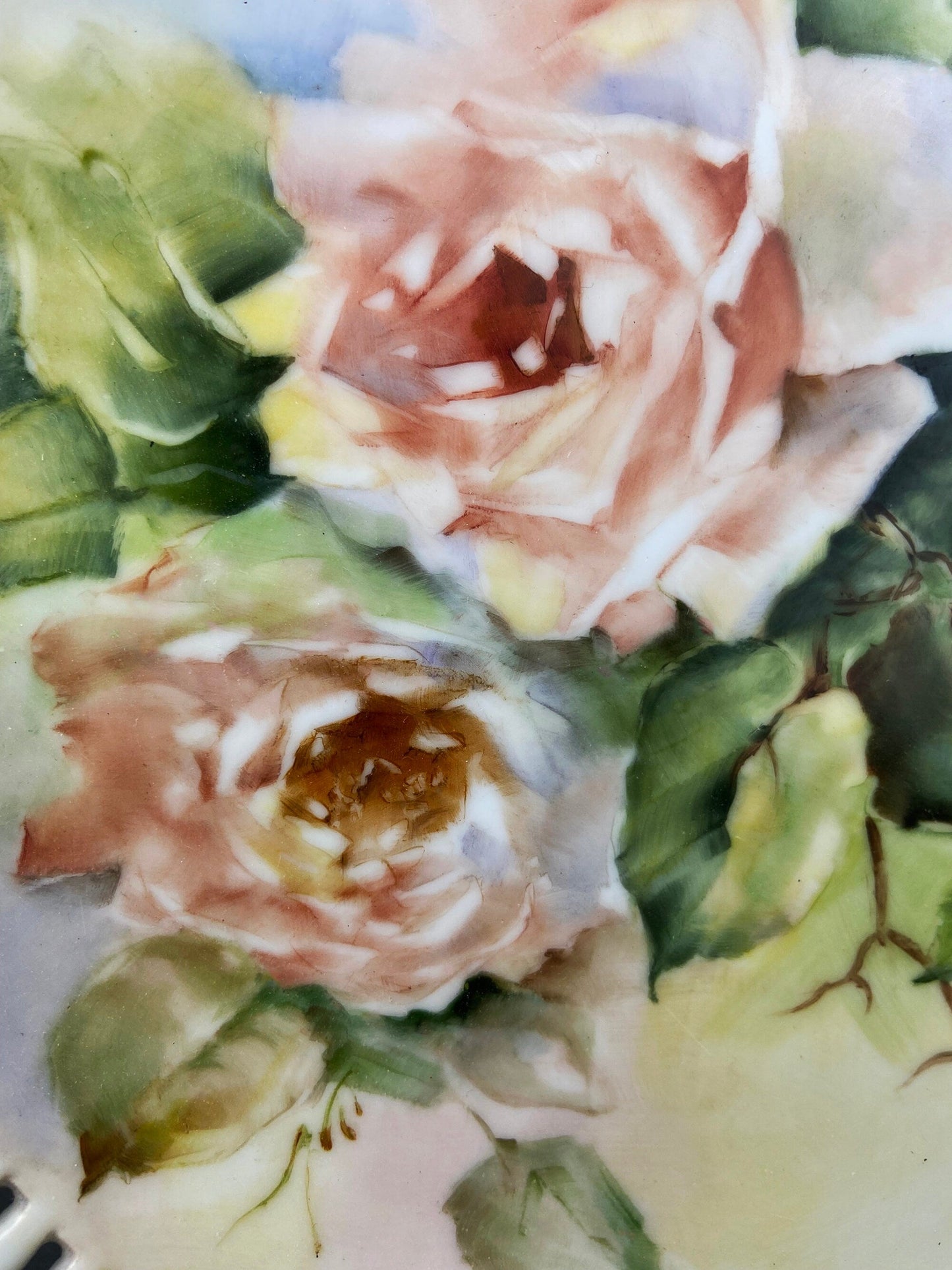 Vintage Hand Painted Porcelain Plate: Rose Motif, Reticulated Rim