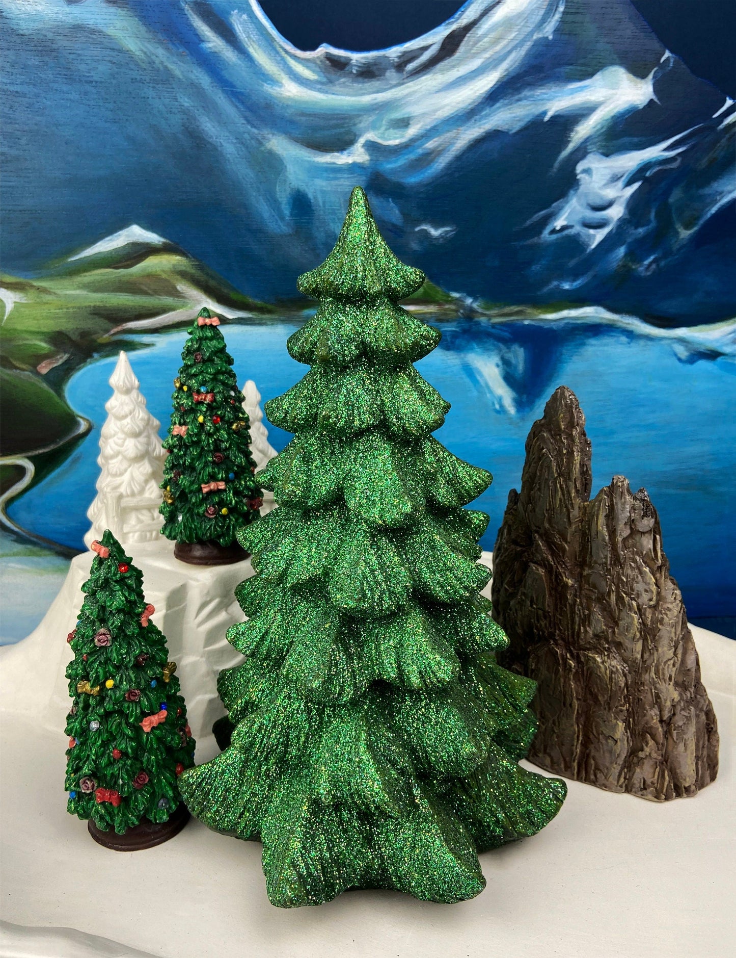 Large 11" Tall Pine Tree Covered in Snow and Glitter. Magical Christmas Village Accessory. Large Spruce. Holiday Decor. Table Display.