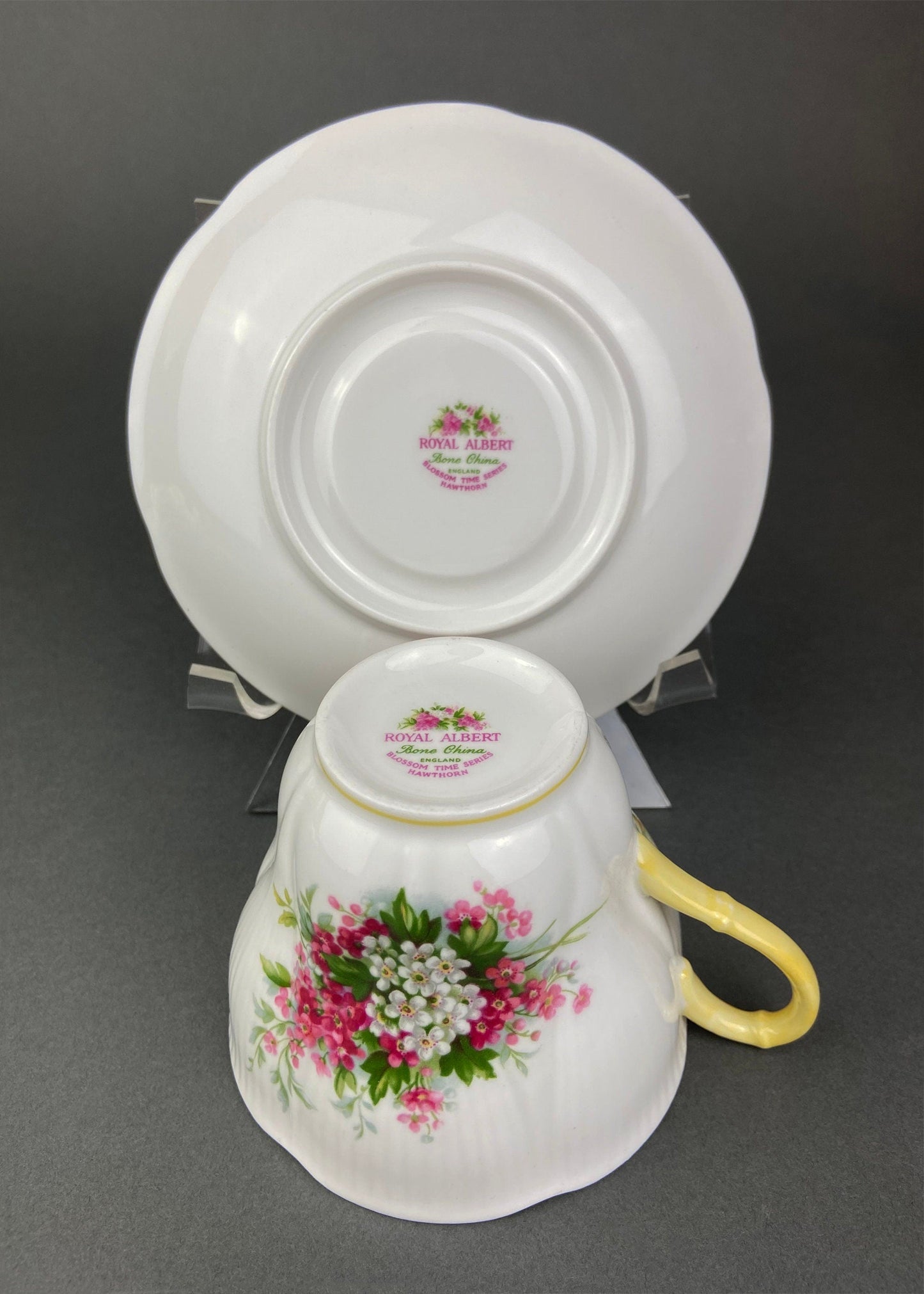 Vintage Royal Albert Cup and Saucer.  Blossom Time Series, Hawthorn. Yellow Handle and Rims.