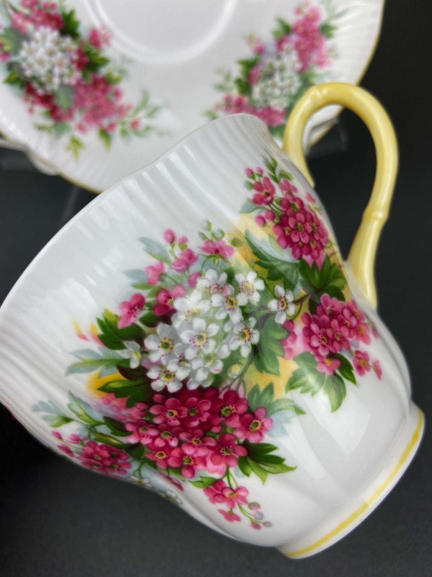Vintage Royal Albert Cup and Saucer.  Blossom Time Series, Hawthorn. Yellow Handle and Rims.
