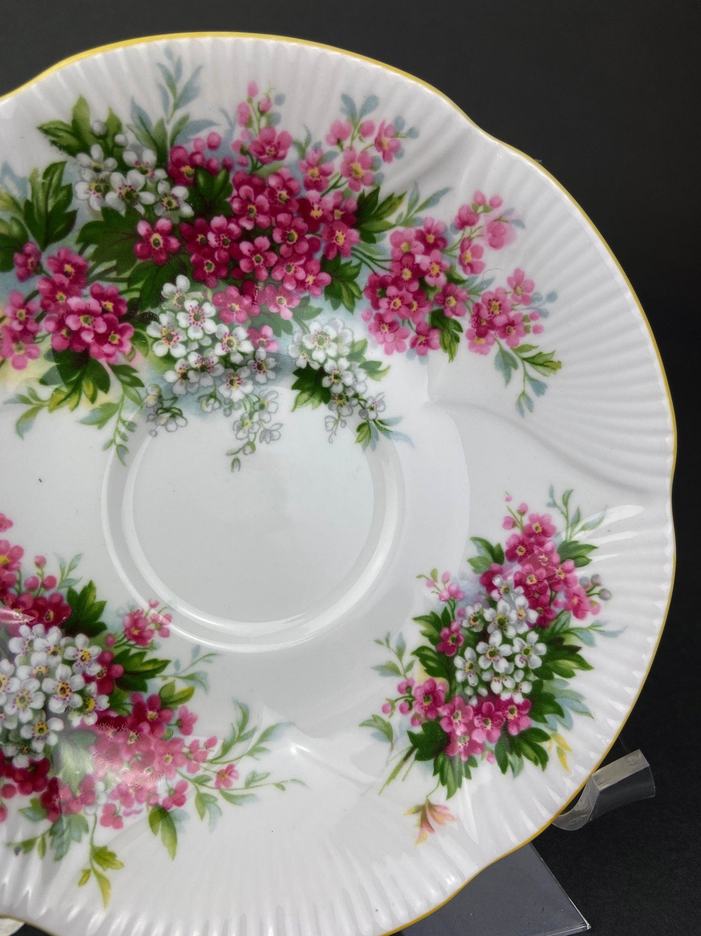 Vintage Royal Albert Cup and Saucer.  Blossom Time Series, Hawthorn. Yellow Handle and Rims.