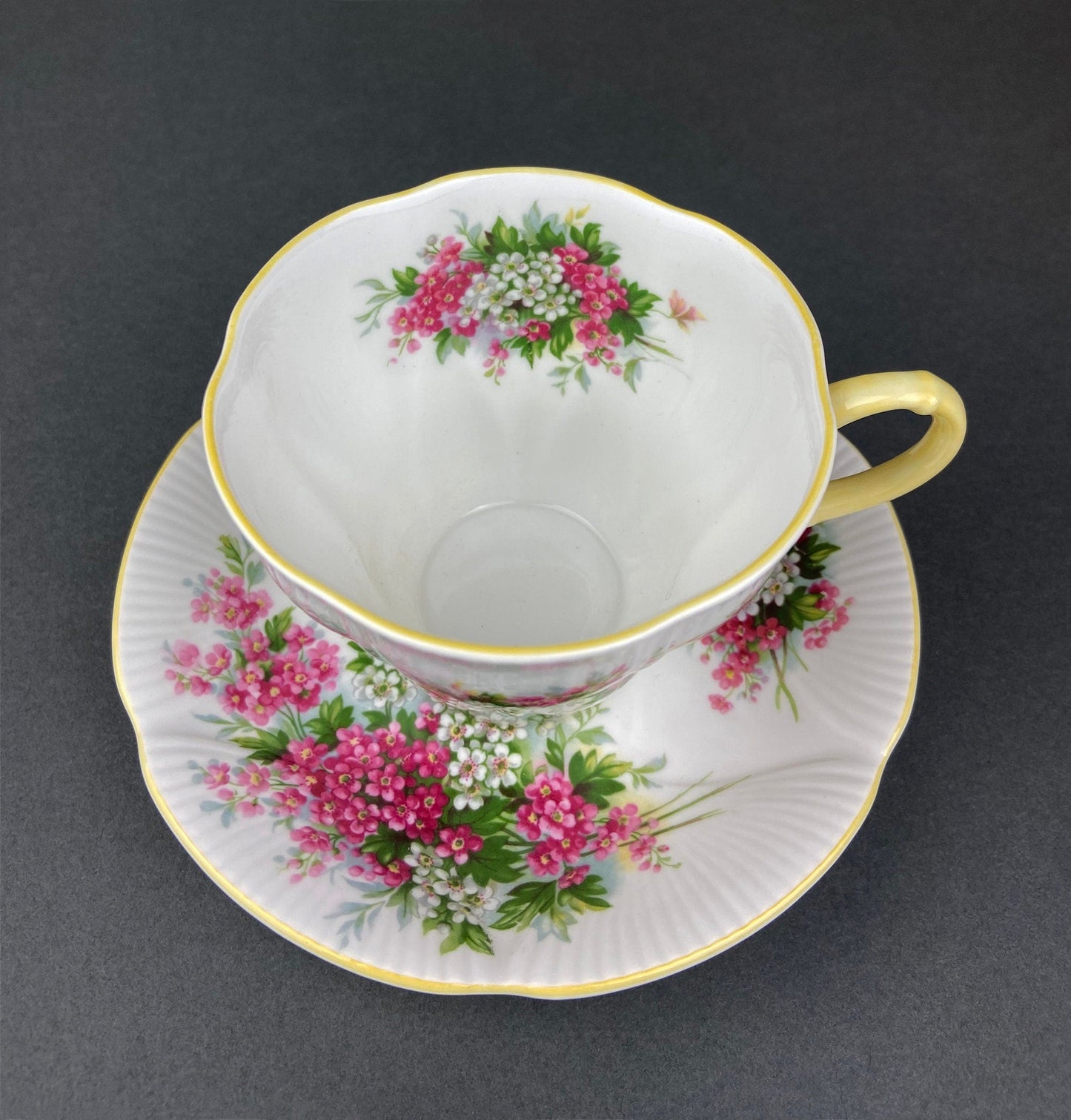 Vintage Royal Albert Cup and Saucer.  Blossom Time Series, Hawthorn. Yellow Handle and Rims.