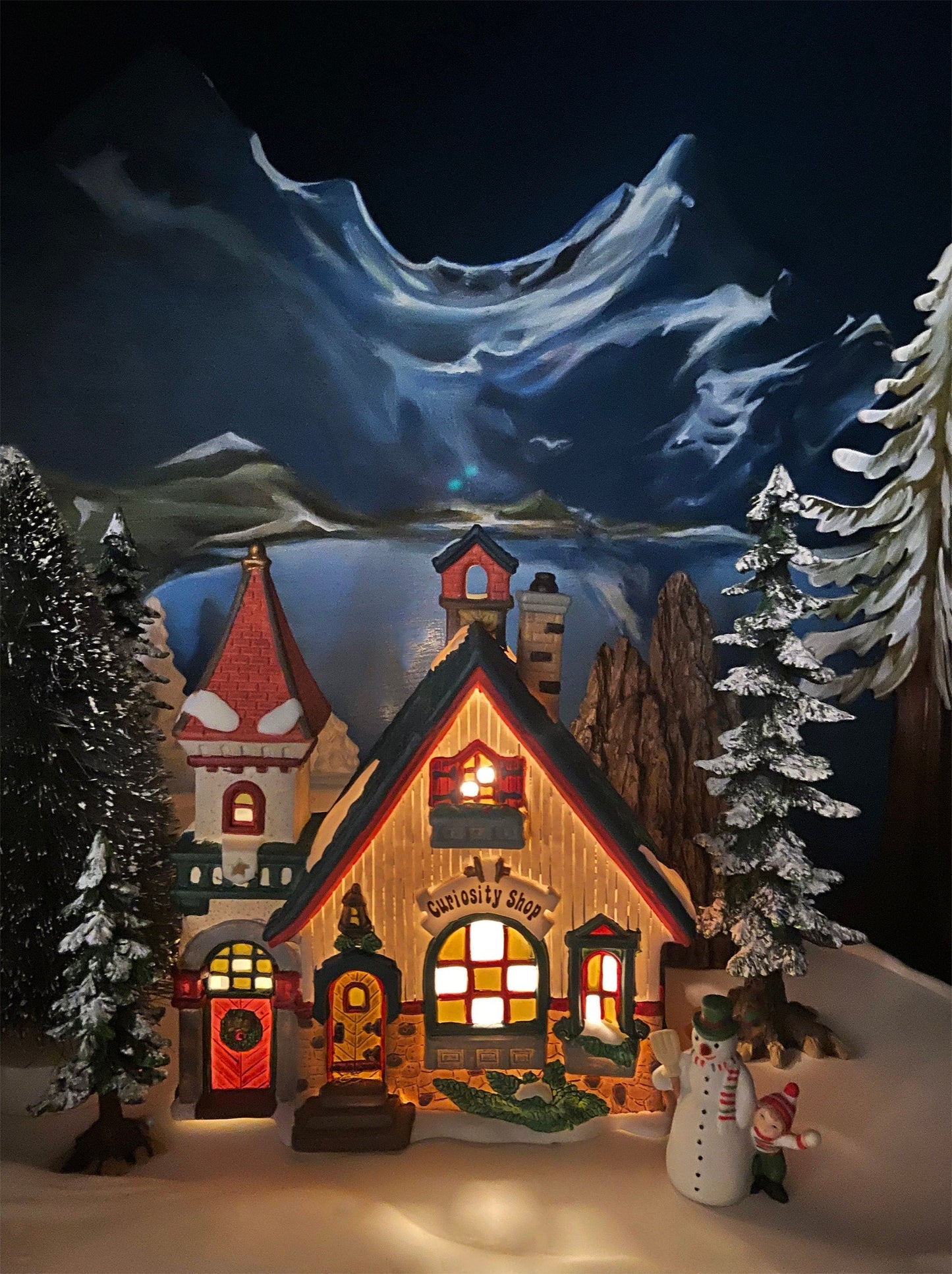 Christmas Village Accessories by O'Well. Illuminated Curiosity Shop.  Porcelain Lighted House.