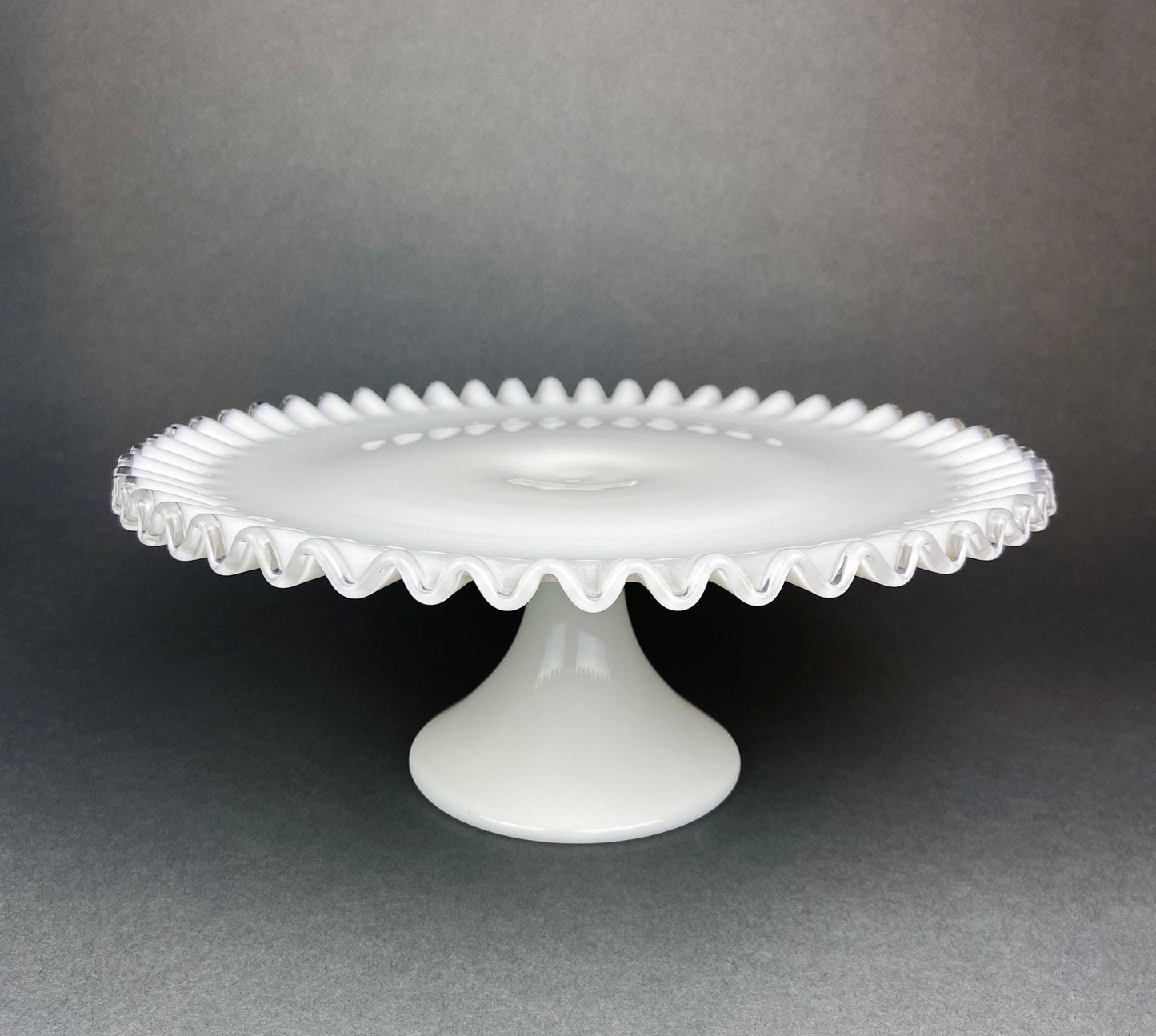 Huge Vintage Fenton Silver Crest Milk Glass Sweets Serving Stand with Silver Handle. White Bakery Serving Dish with Clear Ruffled Edge.