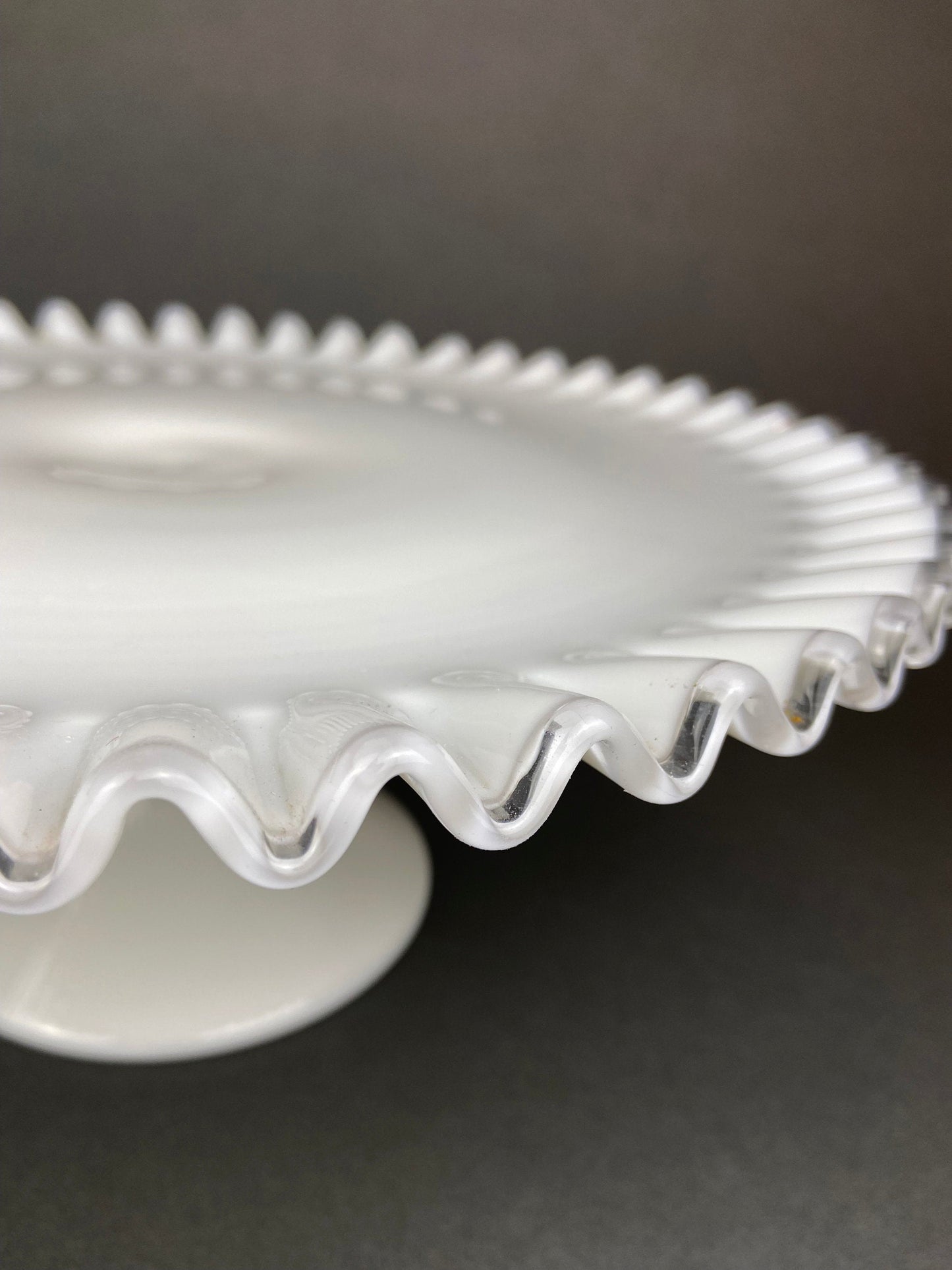 Huge Vintage Fenton Silver Crest Milk Glass Sweets Serving Stand with Silver Handle. White Bakery Serving Dish with Clear Ruffled Edge.