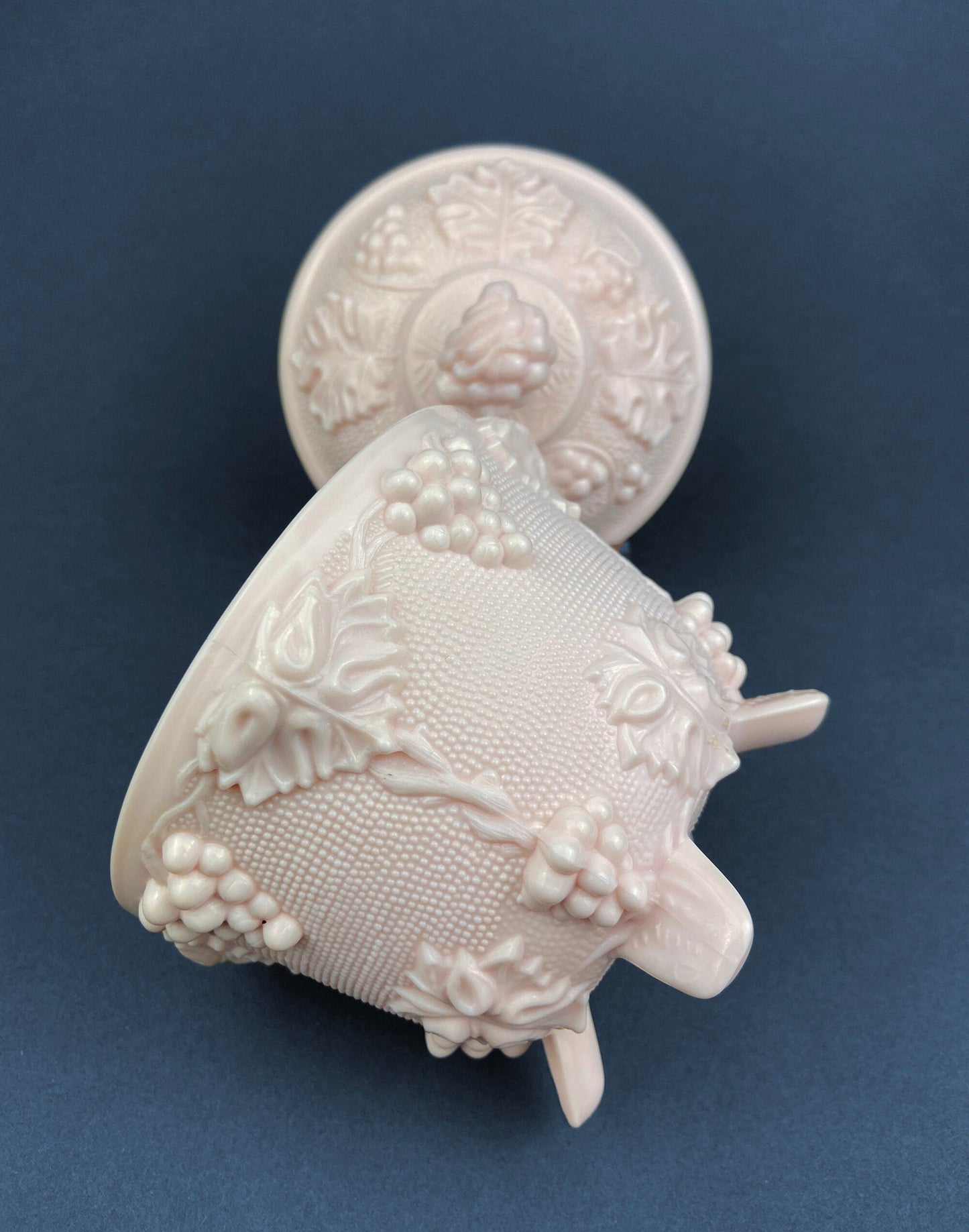 Pink Milk Glass Jar with Lid. Grape Vine Motif.  Footed Trinket Dish with Lid.  Collectible Pink Candy Dish.  Gift for Mom.  Gift for Her.