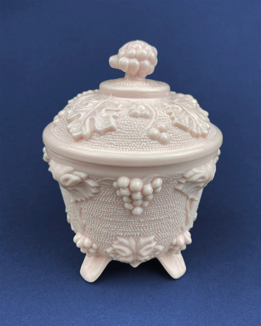 Pink Milk Glass Jar with Lid. Grape Vine Motif.  Footed Trinket Dish with Lid.  Collectible Pink Candy Dish.  Gift for Mom.  Gift for Her.