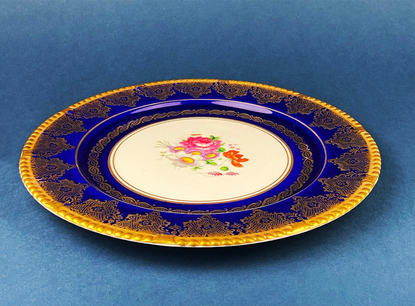 Rich Gold and Burgundy Serving Plate. Antique 11" OMCO Chekoslovakia Porcelain Plate. Spun Gold Brim and Floral Motif.