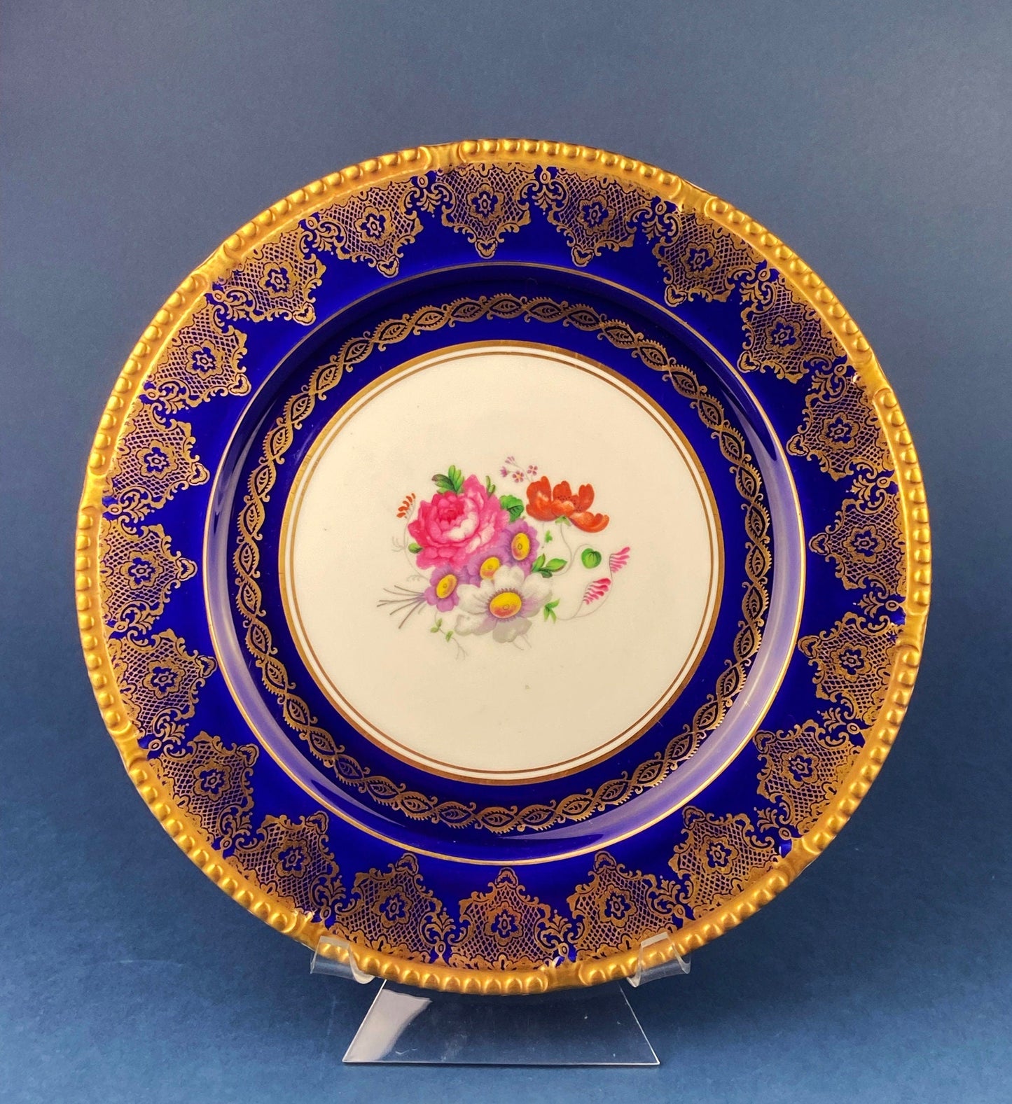 Rich Gold and Burgundy Serving Plate. Antique 11" OMCO Chekoslovakia Porcelain Plate. Spun Gold Brim and Floral Motif.