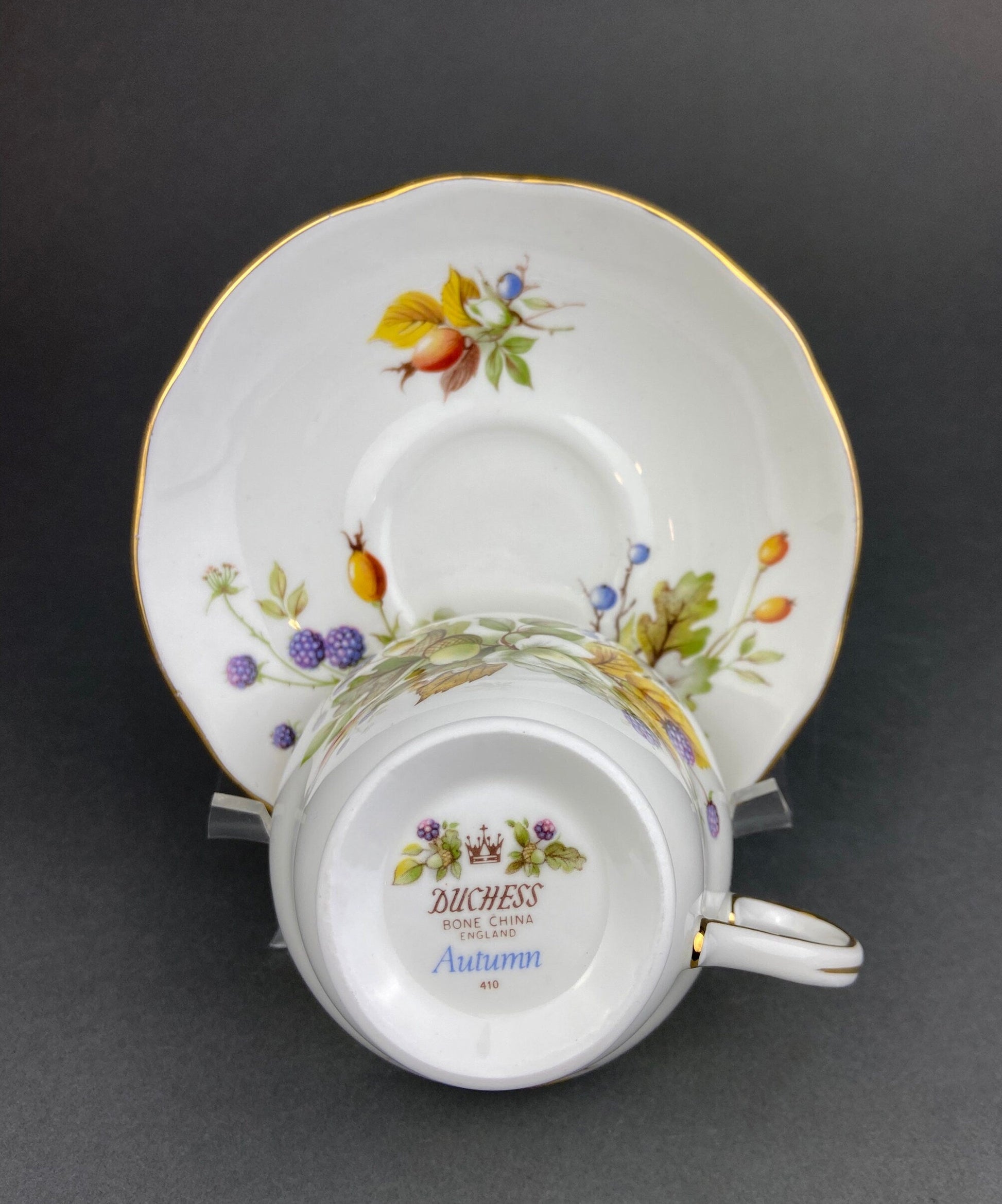 Teacup and saucer with autumn-themed decoration on a dark background